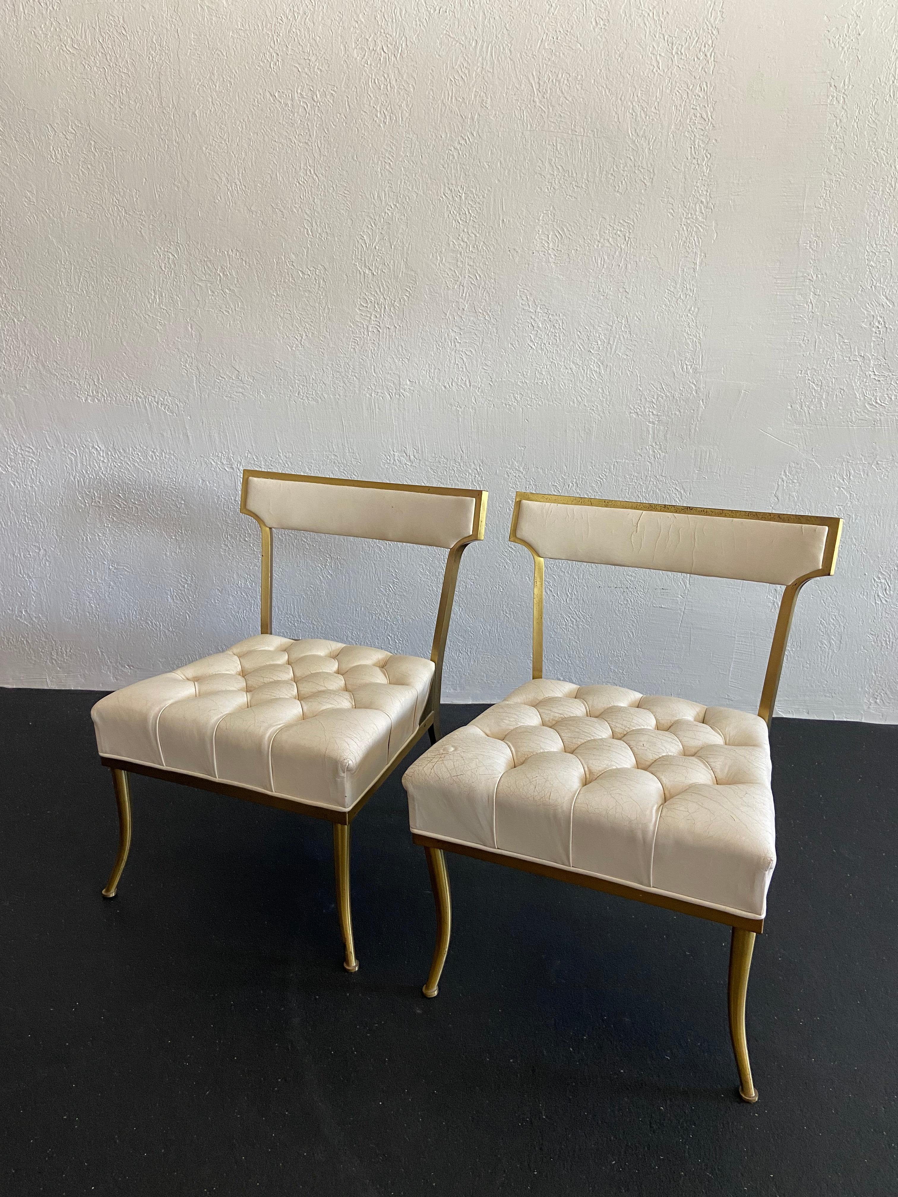 Pair of brass and leather occasional chairs attributed to William “Billy” Haines. Beautiful patina to the brass frames that have aged nicely. Reupholstery strongly recommended (please refer to photos).

Would work well in a variety of interiors such