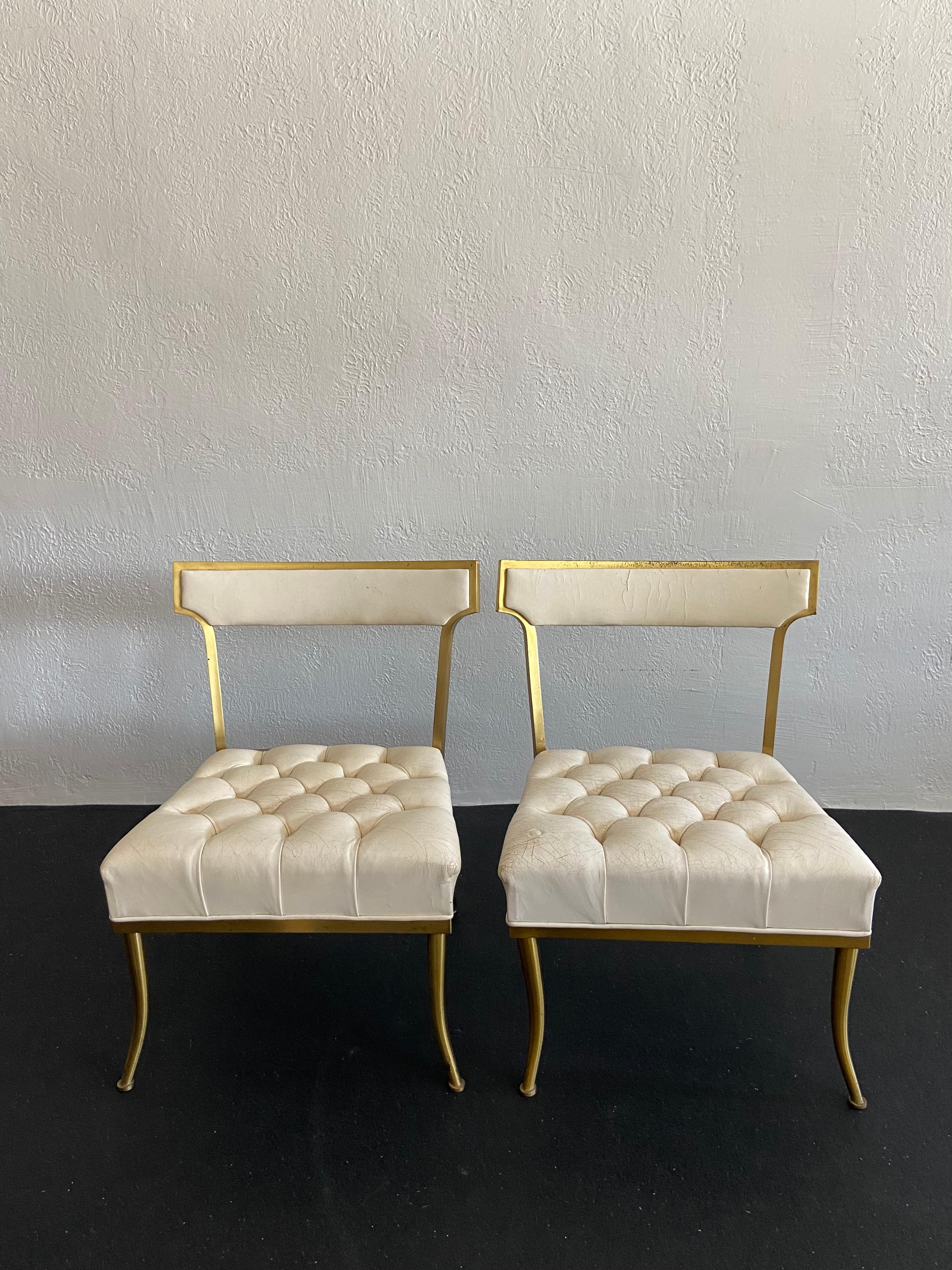 American Billy Haines Attributed Brass and Leather Side Chairs, a Pair For Sale