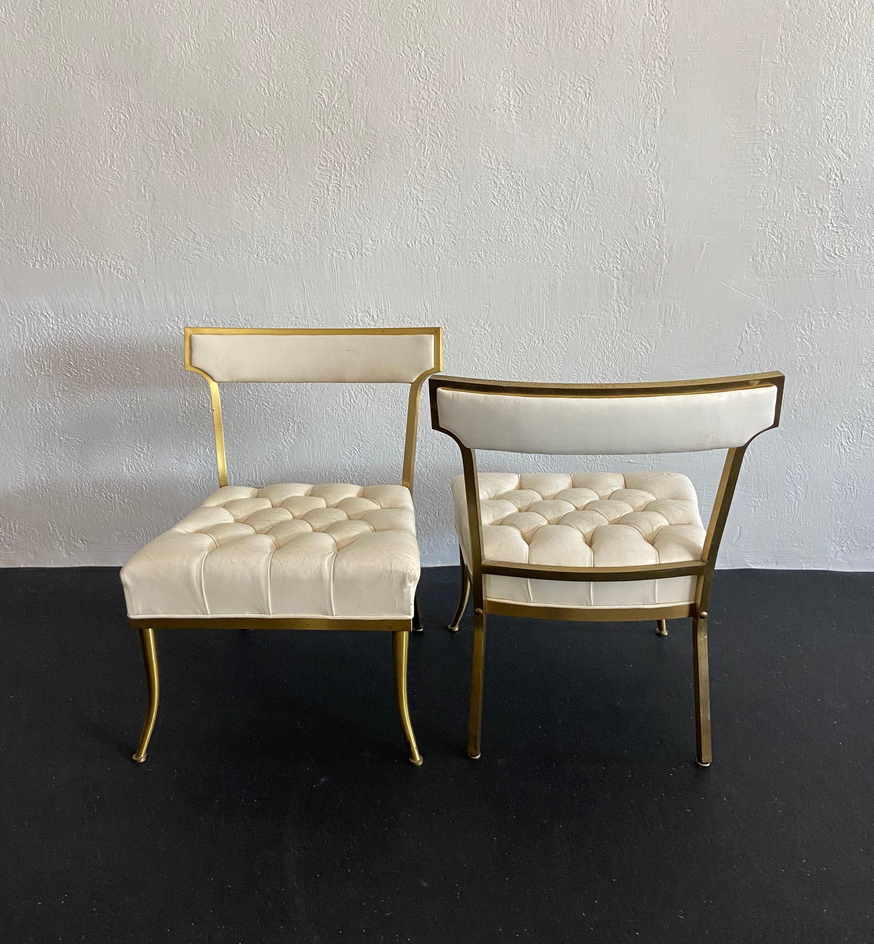 Billy Haines Attributed Brass and Leather Side Chairs, a Pair In Good Condition For Sale In West Palm Beach, FL