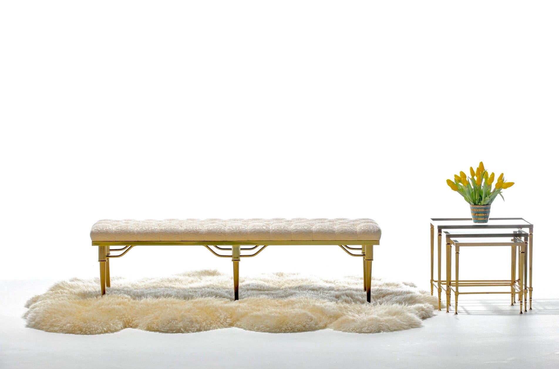 Billy Haines Brass Klismos Leg Bench with Tufted Ivory Upholstery, circa 1960 3