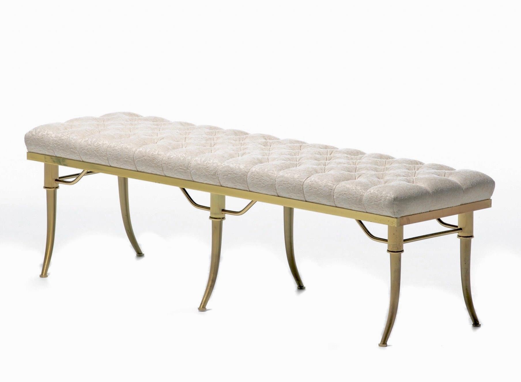 Hollywood Regency Billy Haines Brass Klismos Leg Bench with Tufted Ivory Upholstery, circa 1960