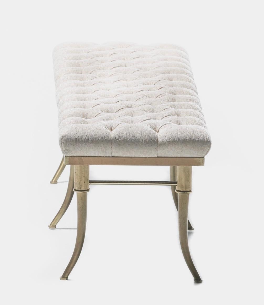 Billy Haines Brass Klismos Leg Bench with Tufted Ivory Upholstery, circa 1960 In Good Condition In Saint Louis, MO