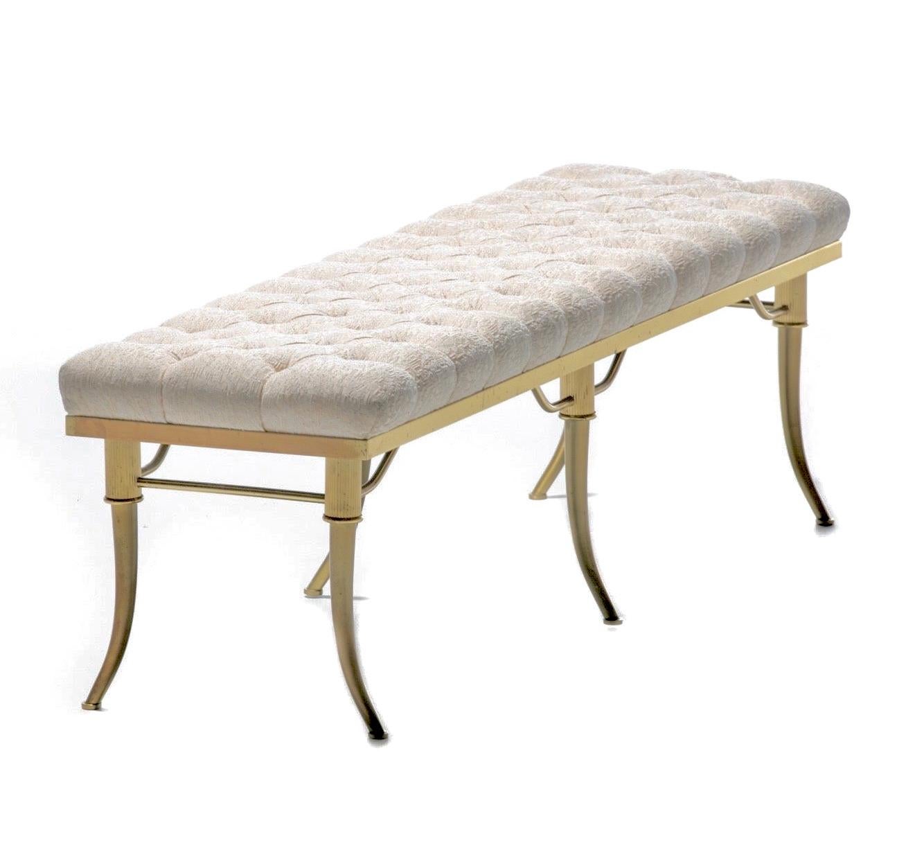 Mid-20th Century Billy Haines Brass Klismos Leg Bench with Tufted Ivory Upholstery, circa 1960