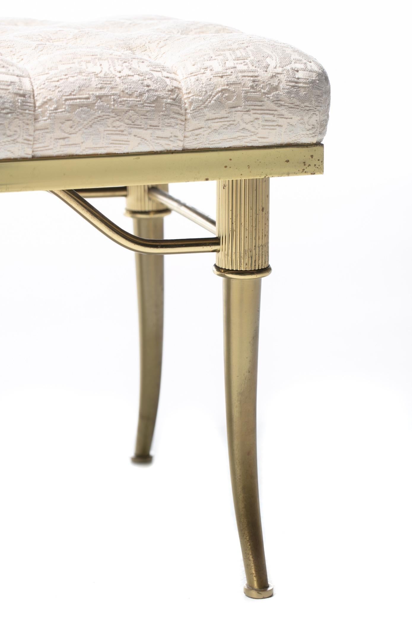 Billy Haines Brass Klismos Leg Bench with Tufted Ivory Upholstery, circa 1960 2