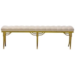Billy Haines Brass Klismos Leg Bench with Tufted Ivory Upholstery, circa 1960