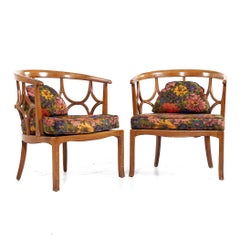 Billy Haines Mid Century Fruitwood Barrel Back Lounge Chairs - Pair