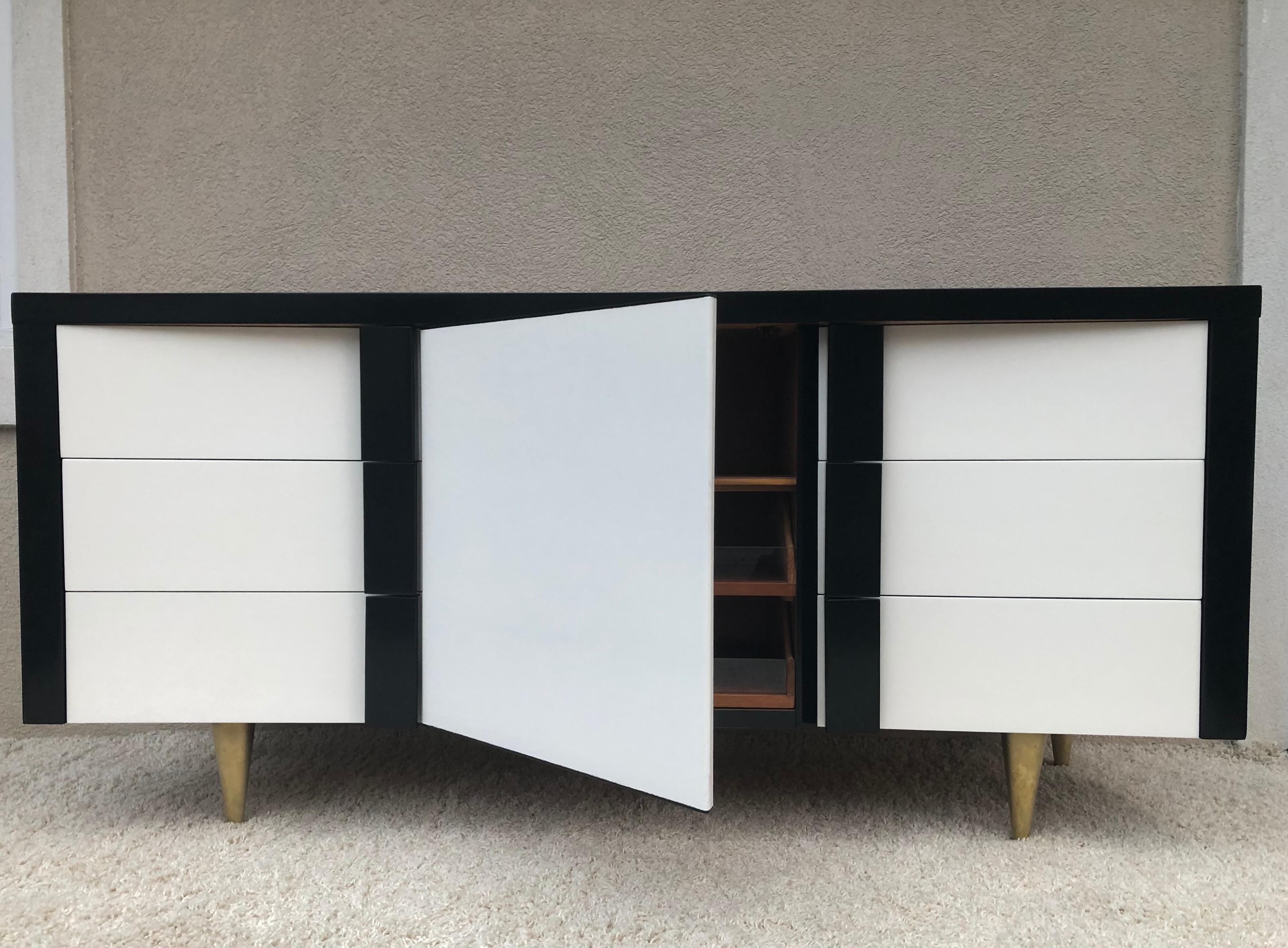 Billy Haines Style Dark Walnut White Lacquered /Leather Cabinet/Chest Metal Leg For Sale 3