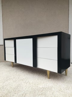 Billy Haines Style Dark Walnut White Lacquered /Leather Cabinet/Chest Metal Leg