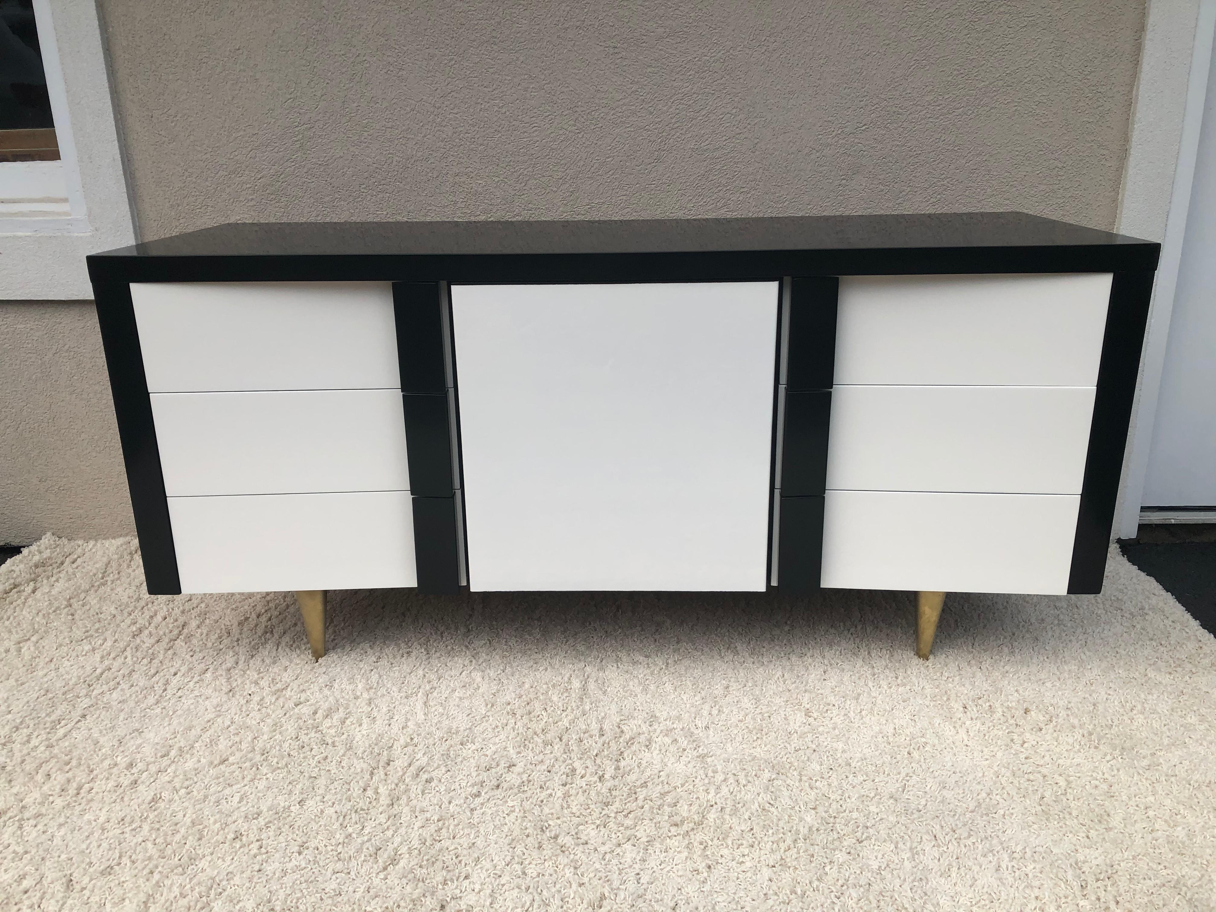American Billy Haines Style Dark Walnut White Lacquered /Leather Cabinet/Chest Metal Leg For Sale