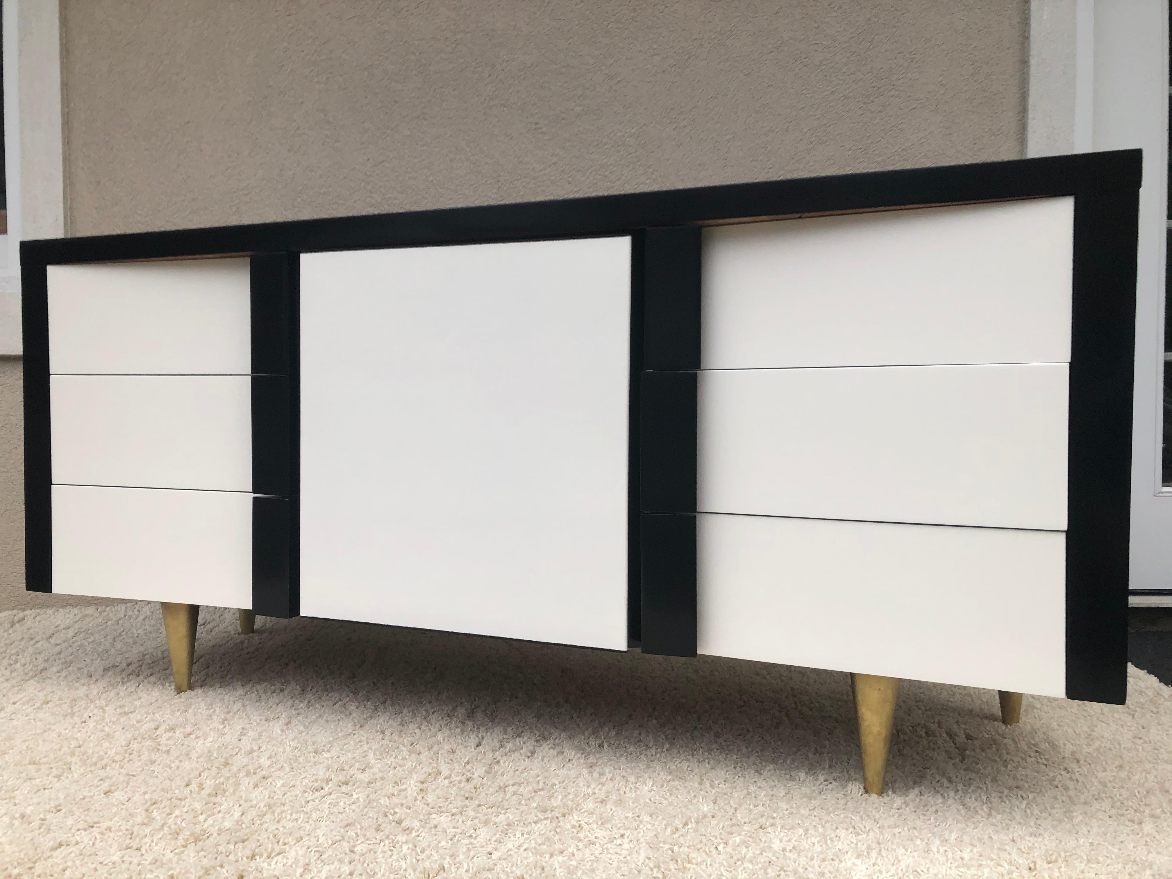 Fired Billy Haines Style Dark Walnut White Lacquered /Leather Cabinet/Chest Metal Leg For Sale