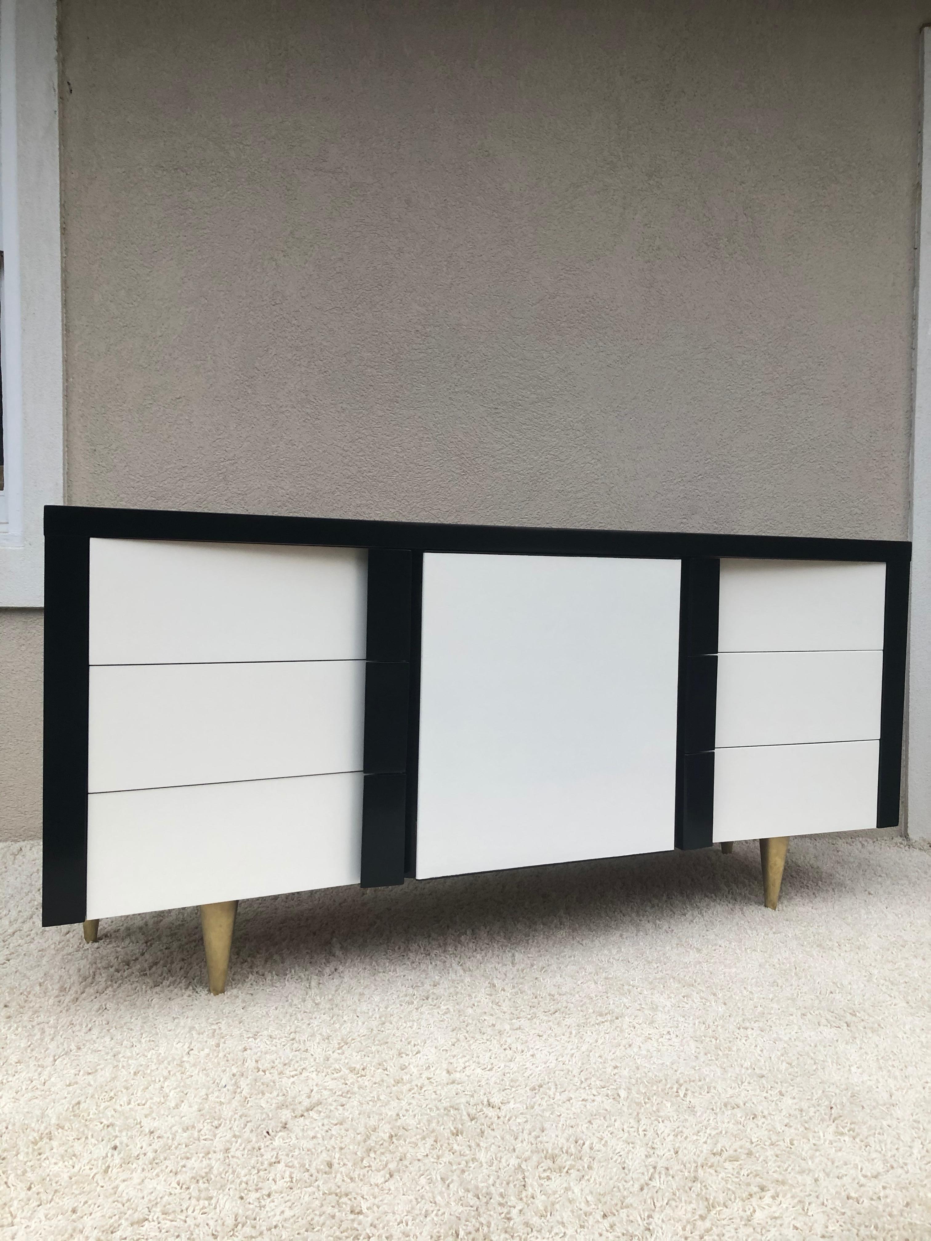 Billy Haines Style Dark Walnut White Lacquered /Leather Cabinet/Chest Metal Leg In Good Condition For Sale In Westport, CT