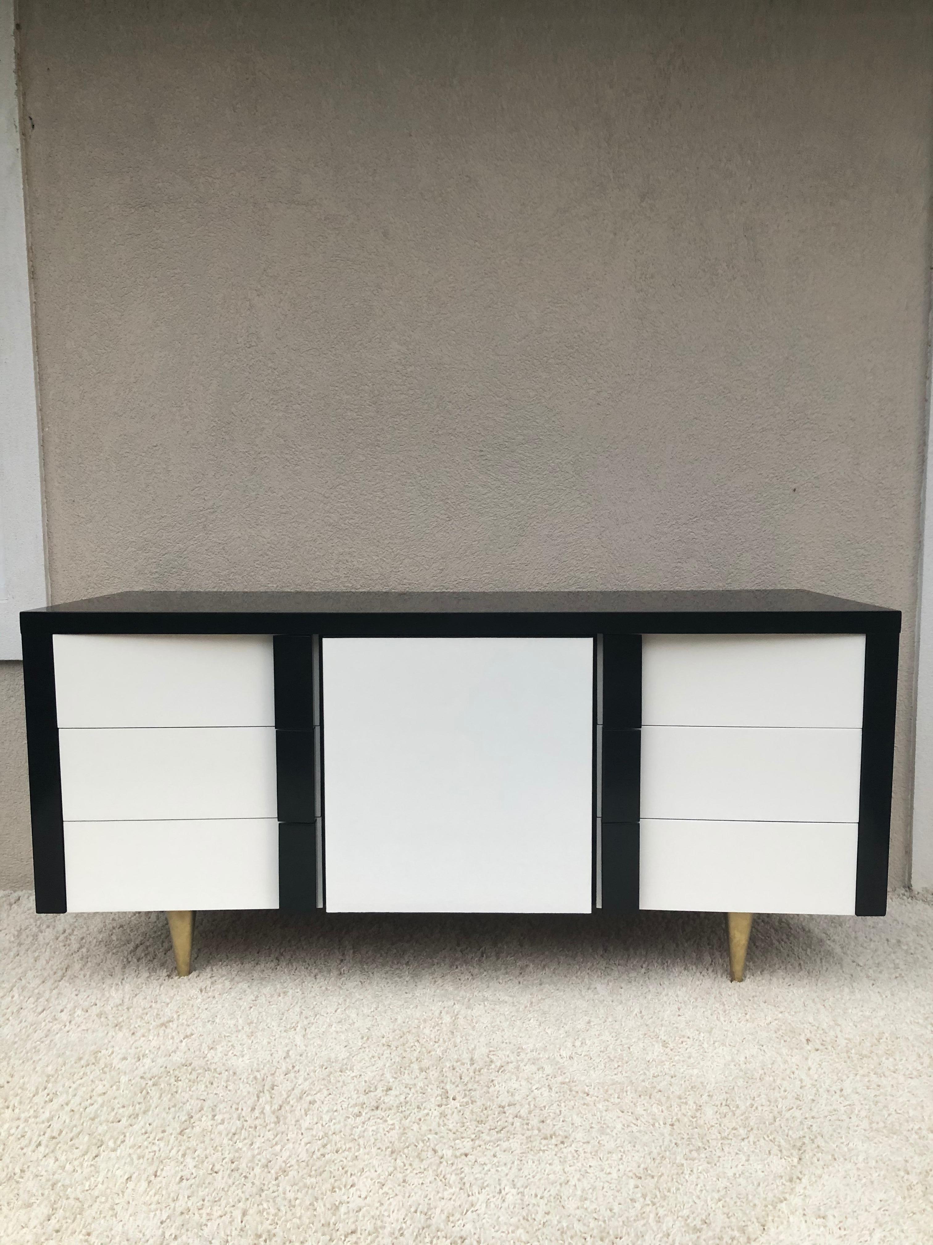 Billy Haines Style Dark Walnut White Lacquered /Leather Cabinet/Chest Metal Leg For Sale 1