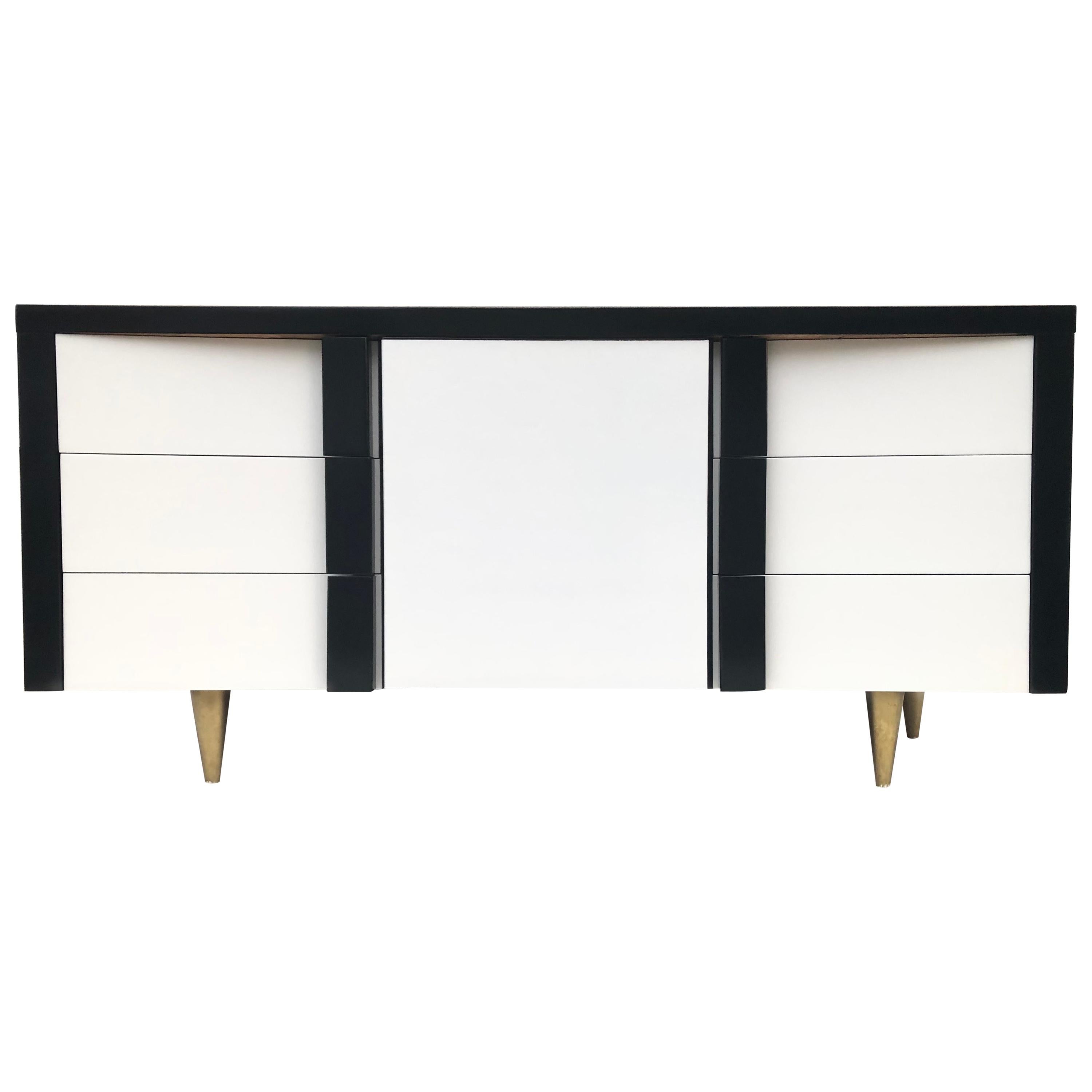 Billy Haines Style Dark Walnut White Lacquered /Leather Cabinet/Chest Metal Leg For Sale