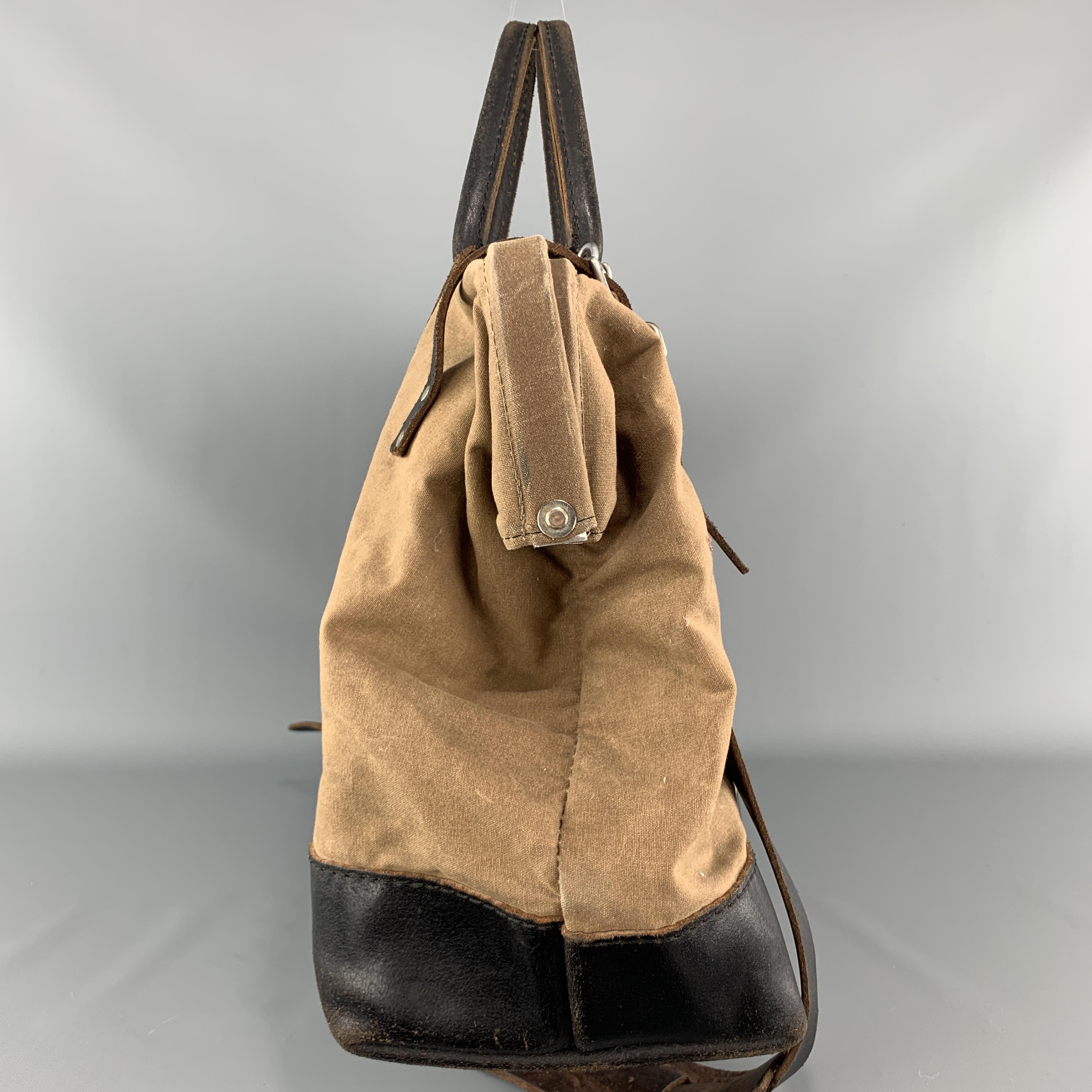 Brown BILLY KIRK Taupe Distressed Canvas & Black Leather Work Bag