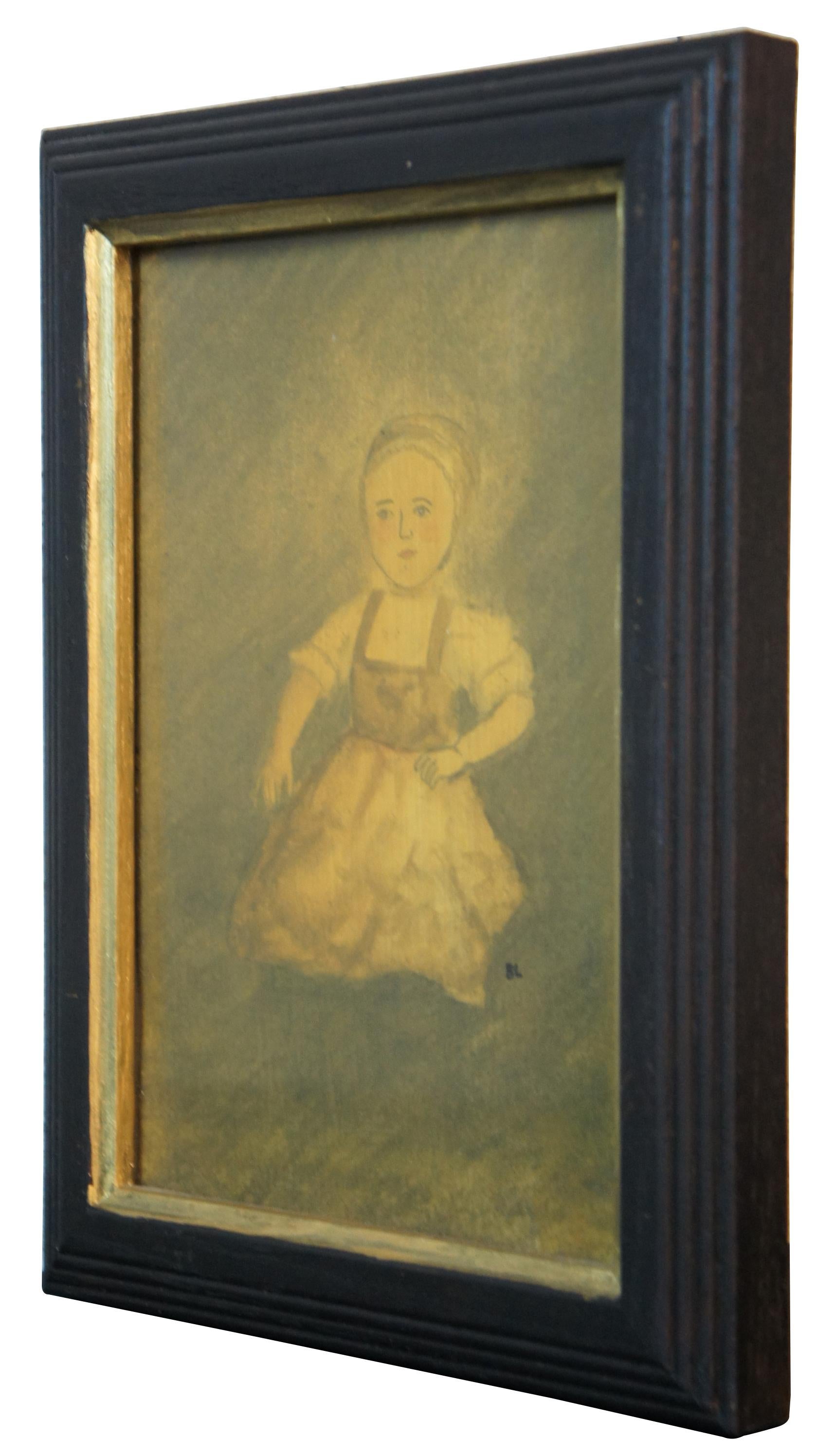 Vintage watercolor painting of a young colonial girl in antique clothing reminiscent of 17th century pilgrims, signed on reverse “Billy Lynch.”

Measures: 6.25” x 0.875” x 8.25” / sans frame - 4.5” x 6.5” (Width x Depth x Height).