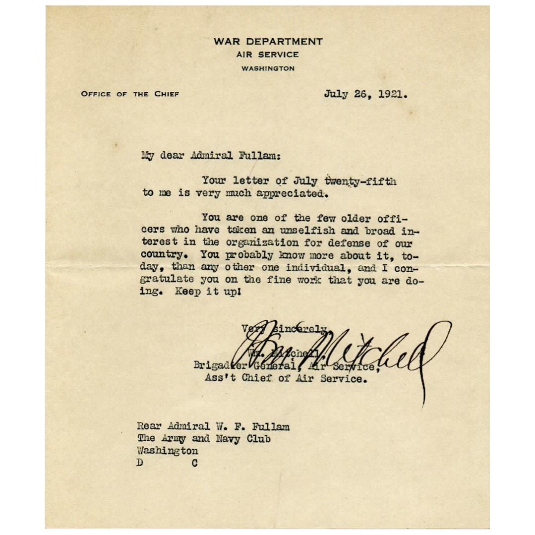 Billy Mitchell Signed Letter to Admiral Fullam, 1921