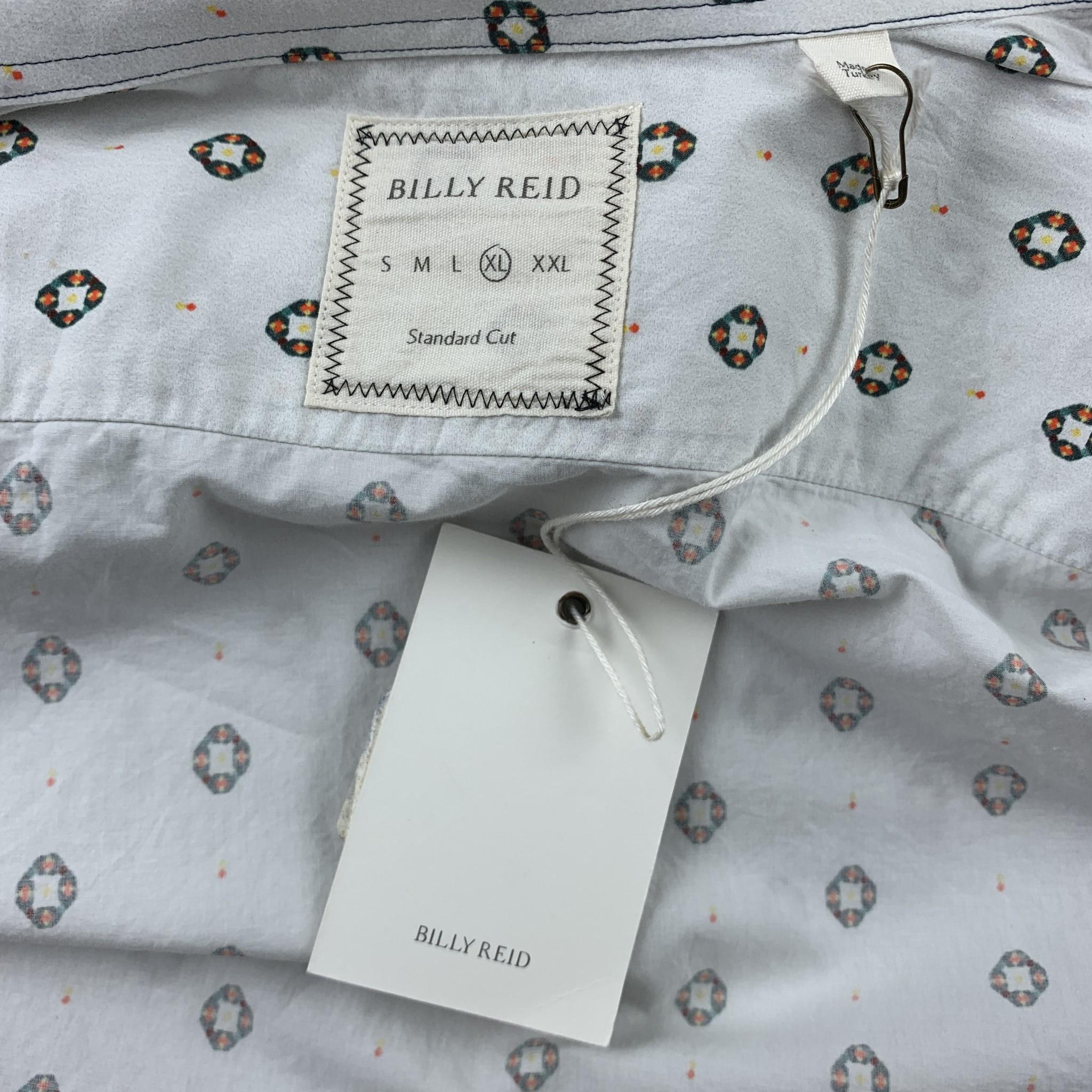 Men's BILLY REID Size XL White Print Cotton Button Down Long Sleeve Shirt