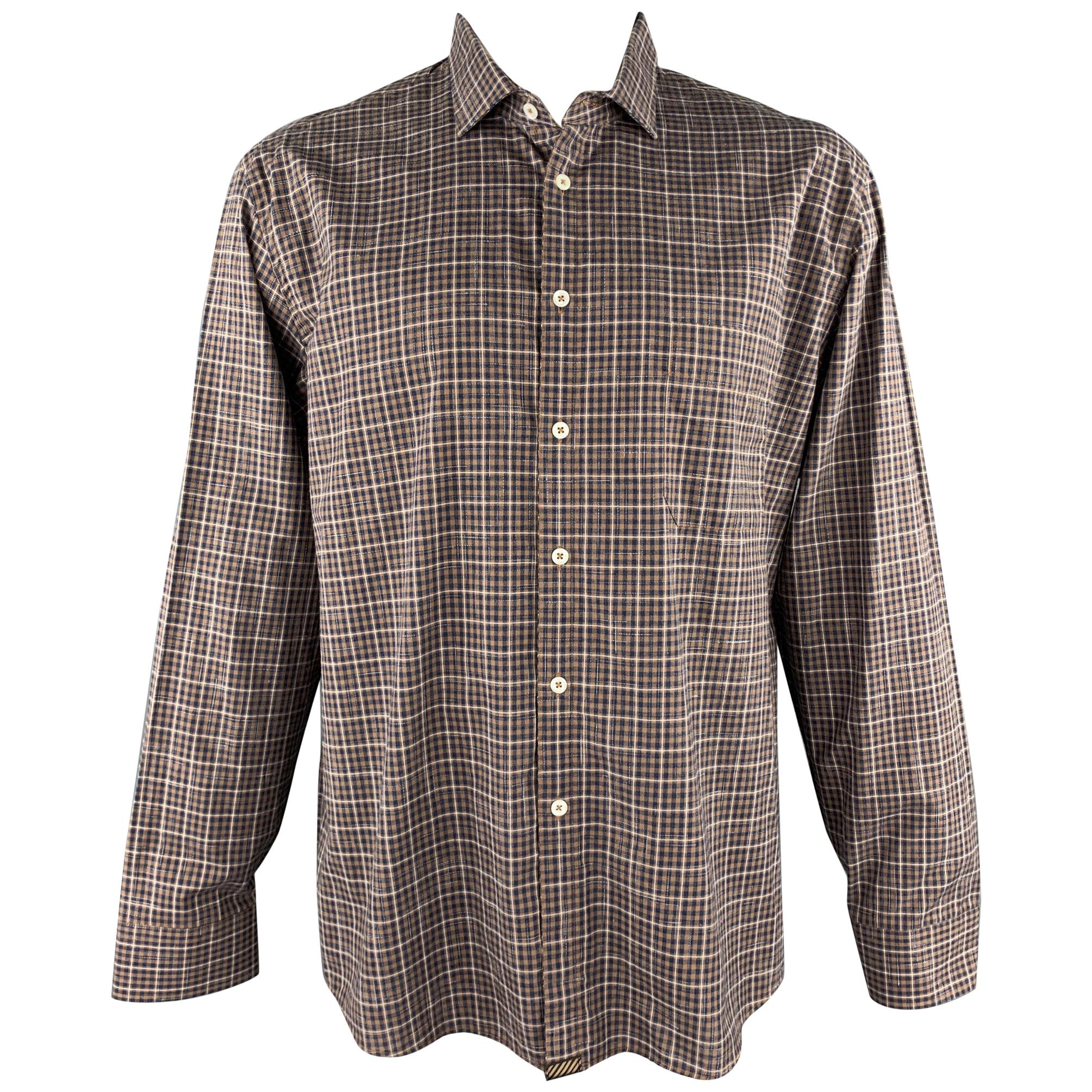 BILLY REID Größe XXL Braunes kariertes langärmeliges Baumwoll-Patch-Taschehemd