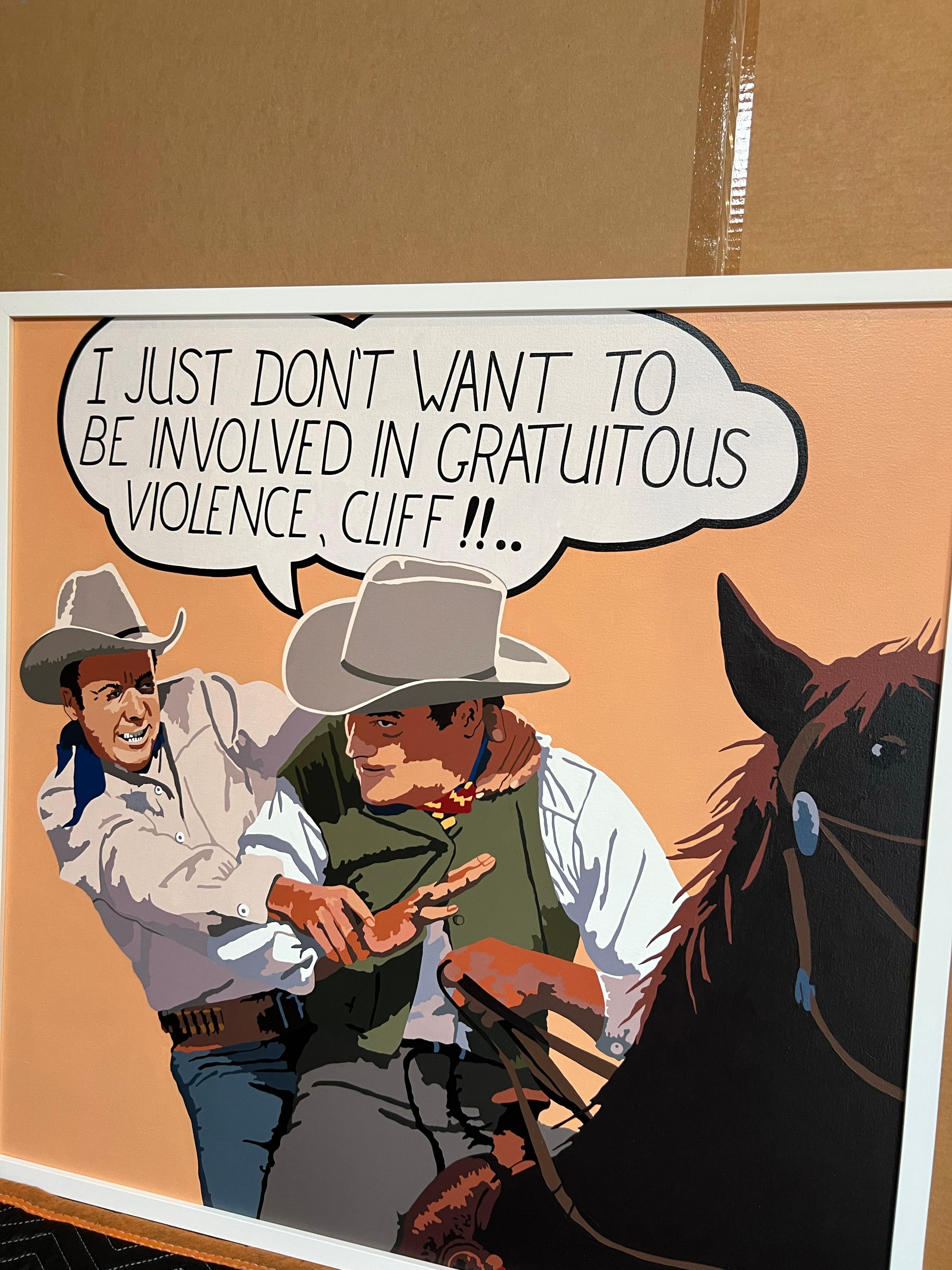Gratuitous Violence, 2023_Billy Schenck_Oil/Canvas_ Figurative/Text/Pop Western For Sale 4