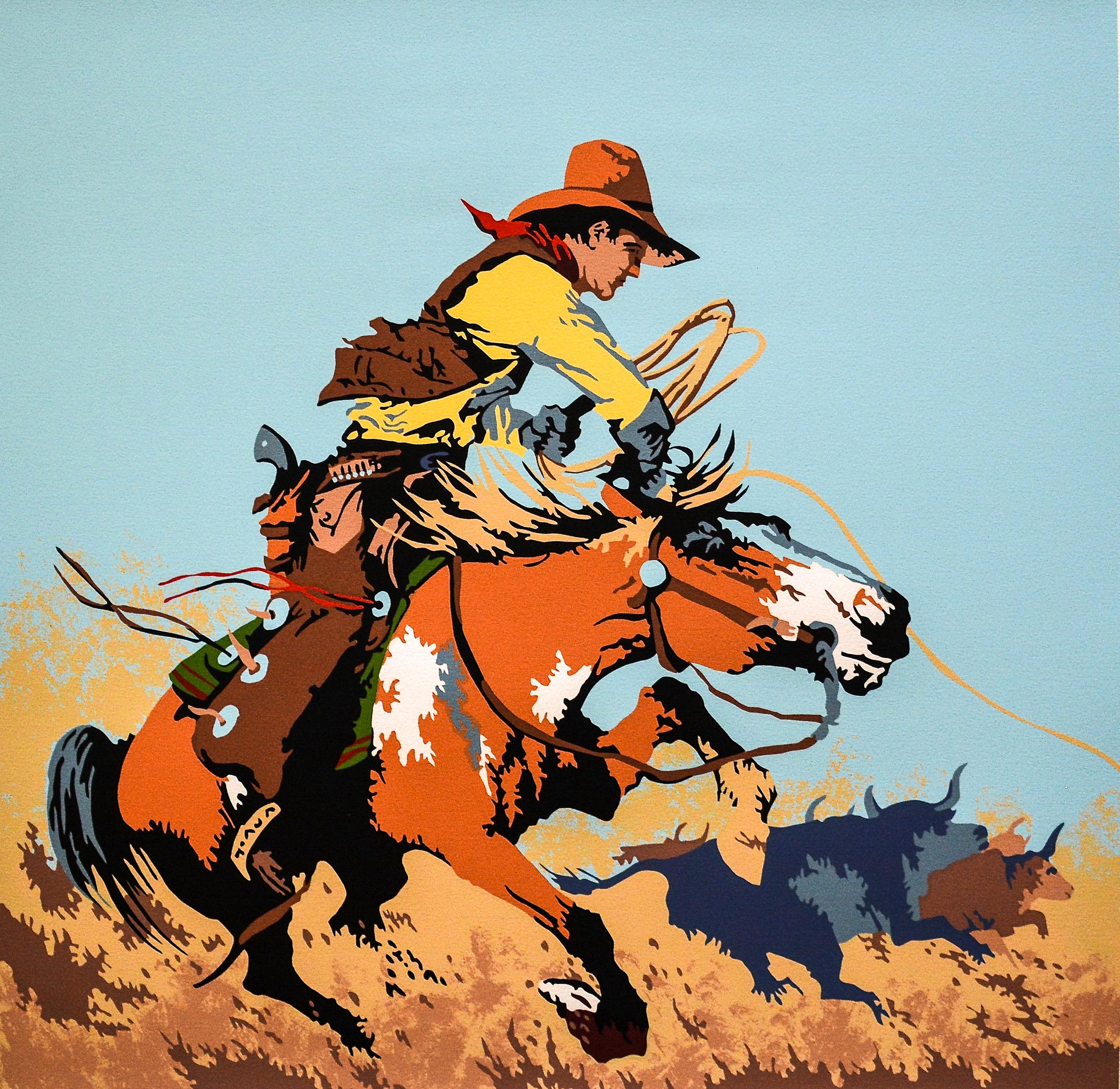 Bill Schenck
Waco
Serigrafía 7/58
1981
Firmado a mano, fechado y numerado por Schenck a lápiz.
25,75 pulgadas de alto x 25 pulgadas de ancho.

Waco" es un clásico ejemplo temprano de la iconografía de la obra "Pop Western" del artista Bill Schenck. 