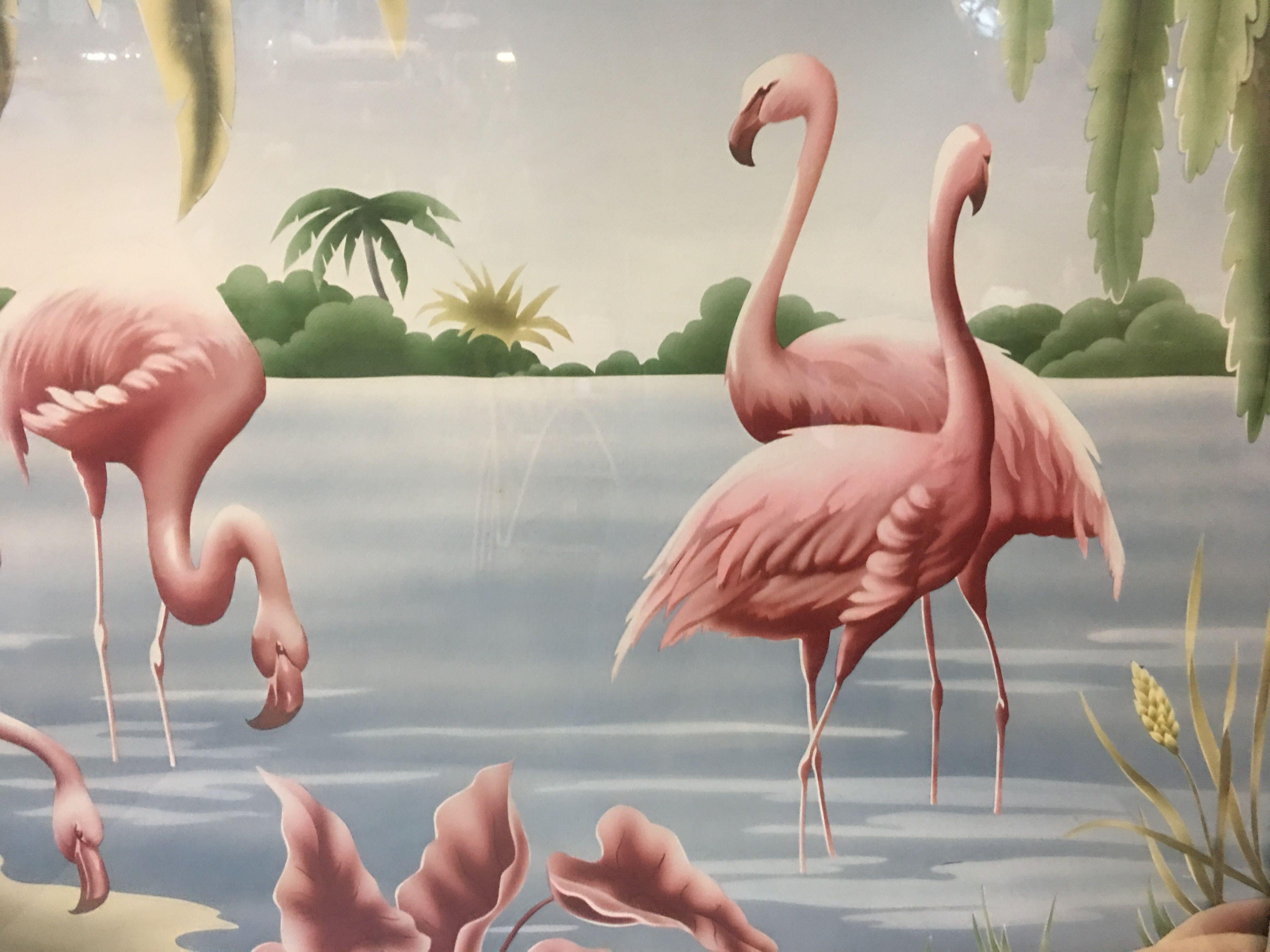 Billy Seay Airbrushed Flamingos (original airbrushed over a print) for the Turner Company, circa 1947, in the original mirrored frame. A great example of the post-WWII Hawaiian and tropical art/decorating boom. Great for vintage Art Deco dwellings