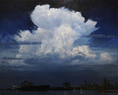 "Clouds Over the Crescent City" original landscape oil painting, river, skyline
