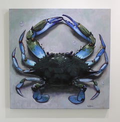 "Mr Blue Crab on My Table" original, oil on canvas, still life, crab
