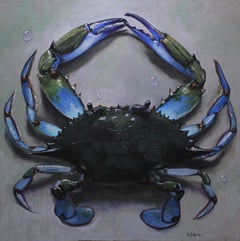 "Mr Blue Crab on My Table" original, oil on canvas, still life, crab