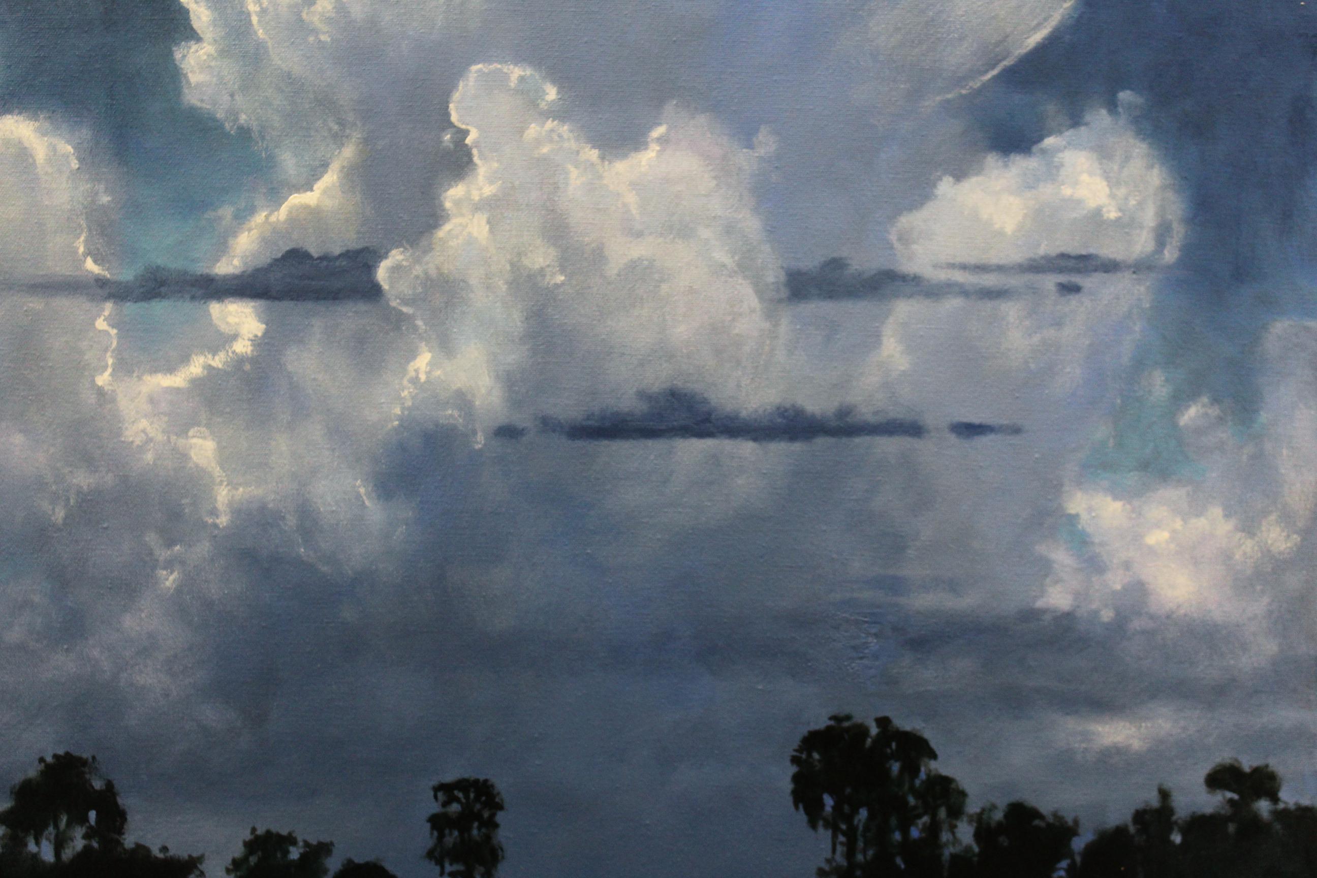 Winter Egrets Under Summer Sky is an oil on canvas landscape painting of Southeast Louisiana.