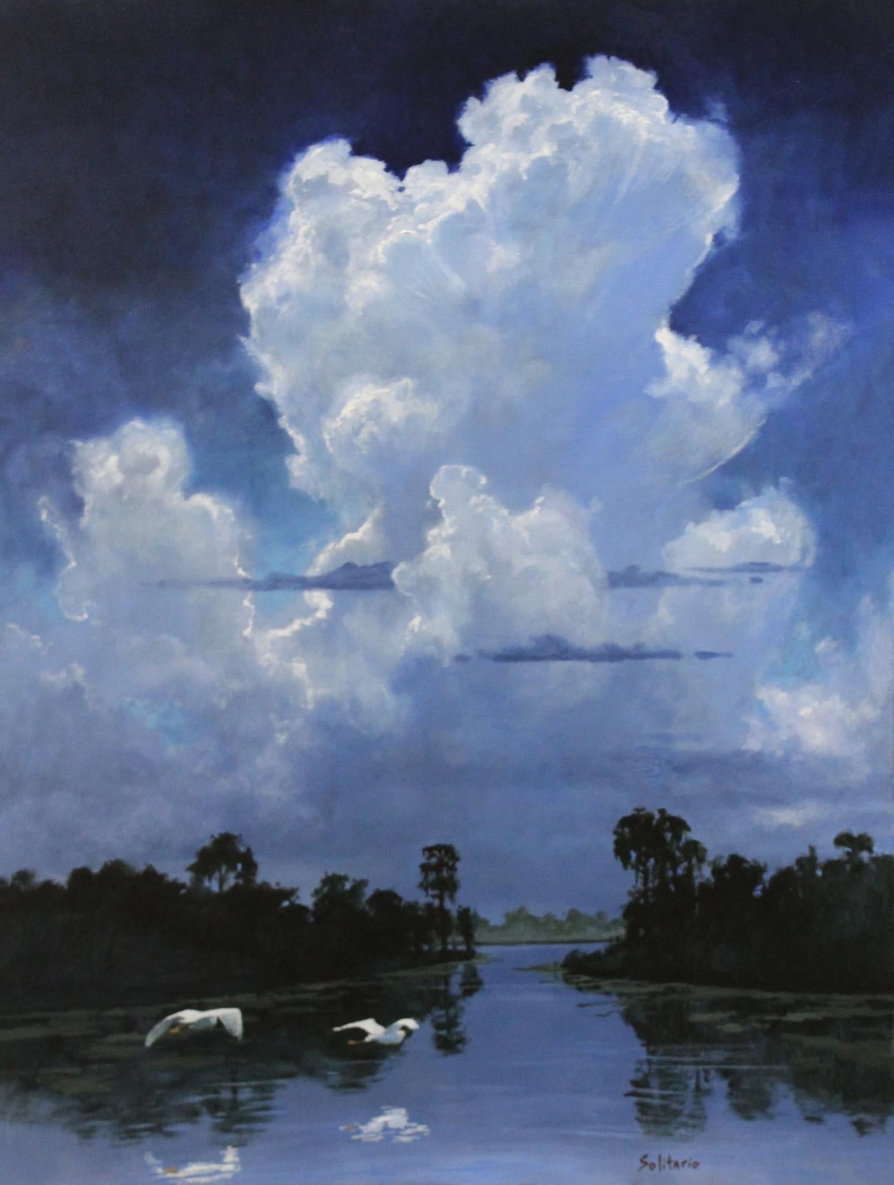 Billy Solitario Landscape Painting - "Snow Egrets Under Summer Sky" landscape oil painting, birds, swamp, clouds