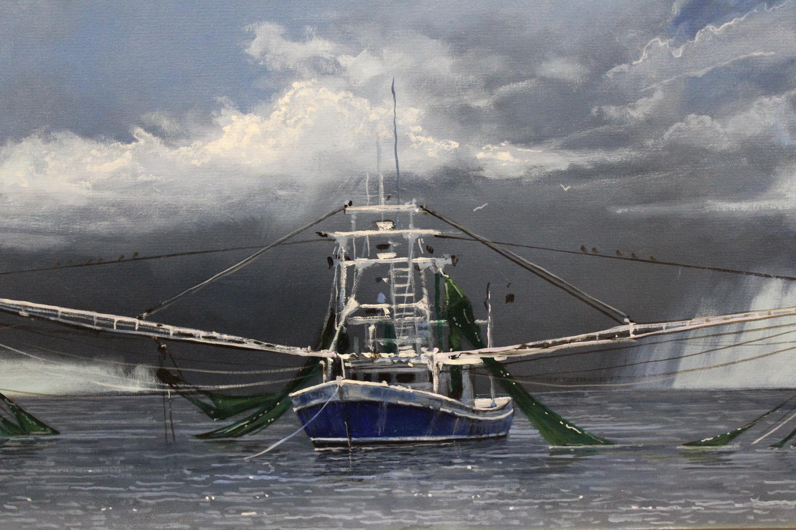 Squall Over Shrimper is an oil on canvas landscape painting of Southeast Louisiana.