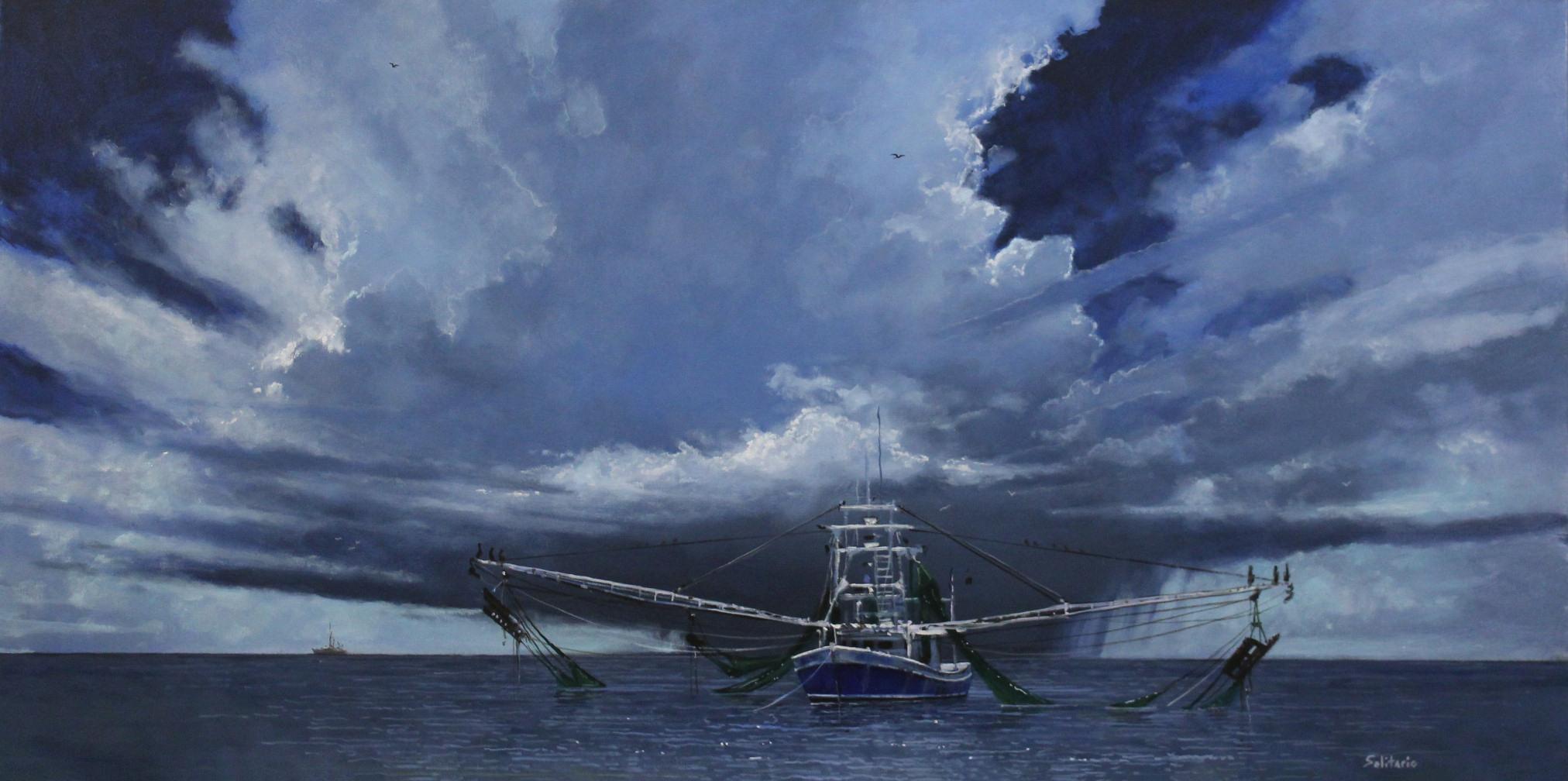 Billy Solitario Landscape Painting - "Squall Over Shrimper" original oil painting, fishing boat, ocean, sky, clouds