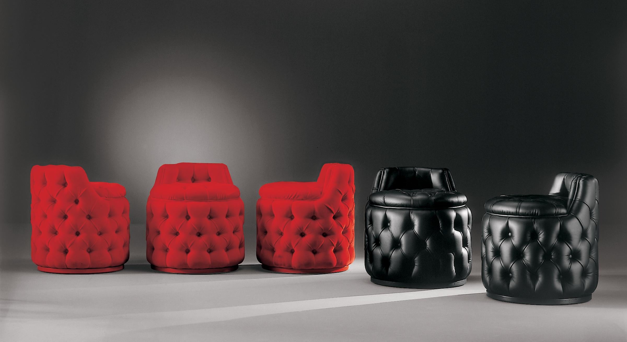 Introducing the Billy round tufted stool—a perfect blend of comfort and style for your living space. Elevate your home decor with this versatile piece, available in a sleek black leather or a rich red velvet tissue. The meticulous tufted design adds
