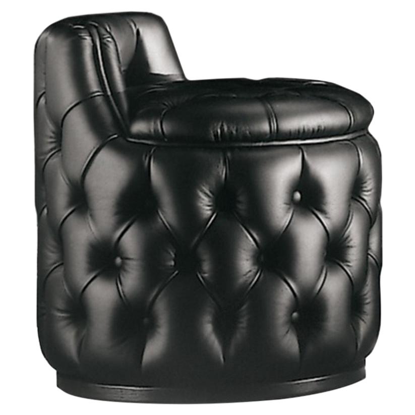 BILLY Black Capitonné Quilted Tufted Round Stool Covered with Leather  For Sale
