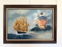 Surreal Maritime Oil Painting Tall Ship & Sea Captain Portrait Signed B. Wilder