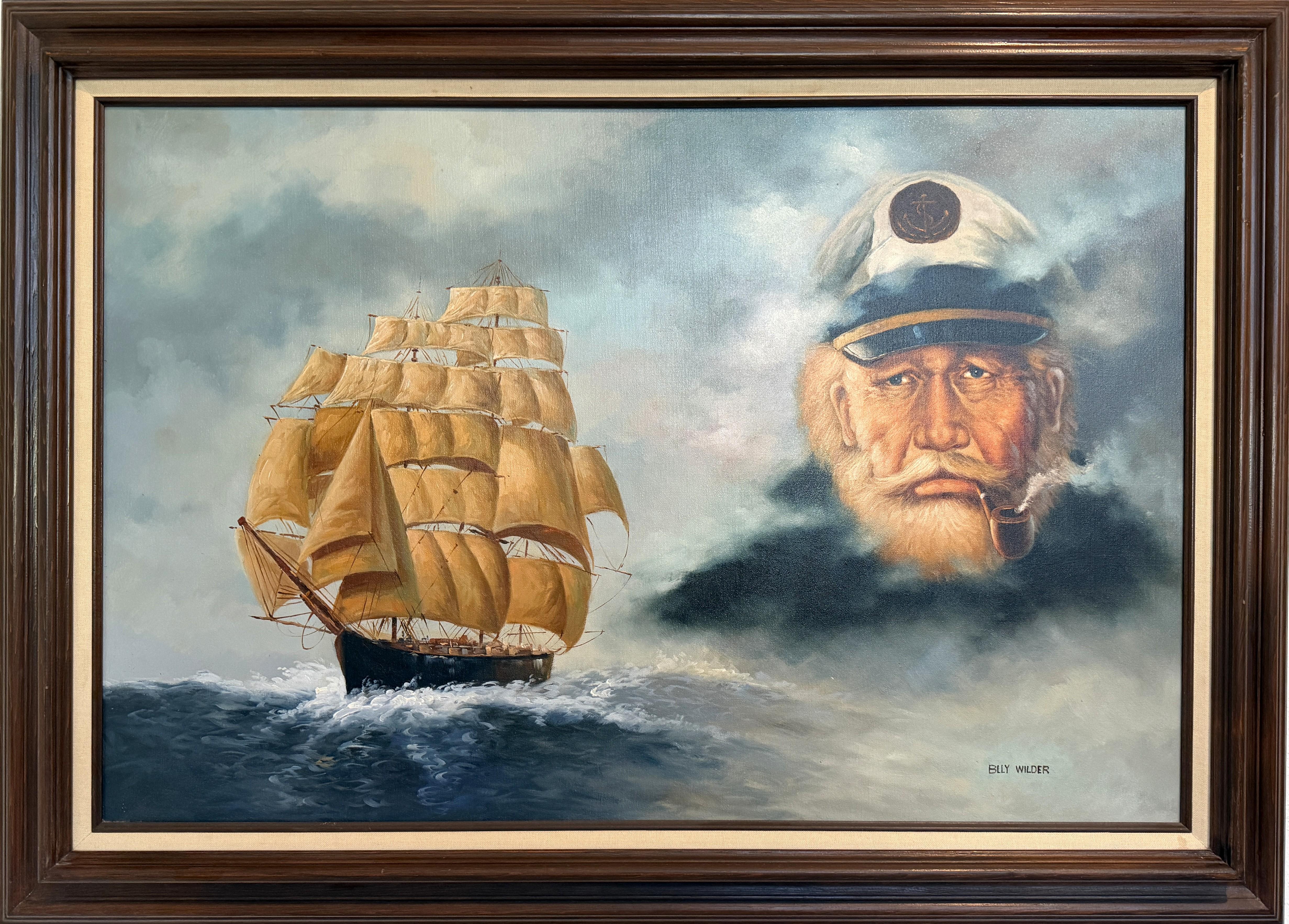 Billy Wilder Landscape Painting - Surreal Maritime Oil Painting Tall Ship 
Sea Captain Portrait Signed B. Wilder