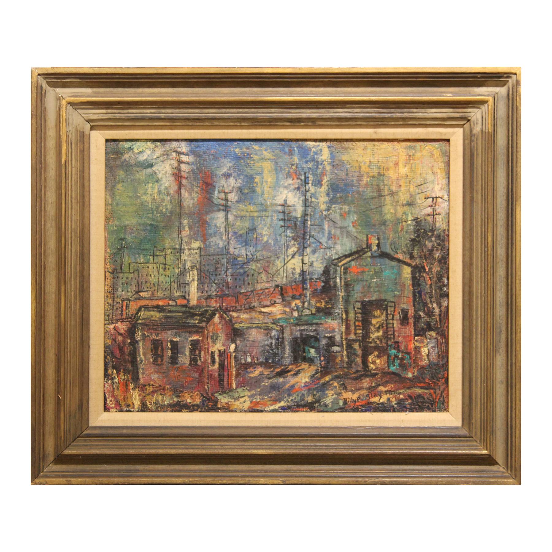 Billye Slayton Landscape Painting - "Slaughter House" Colorful Abstract Cityscape Painting