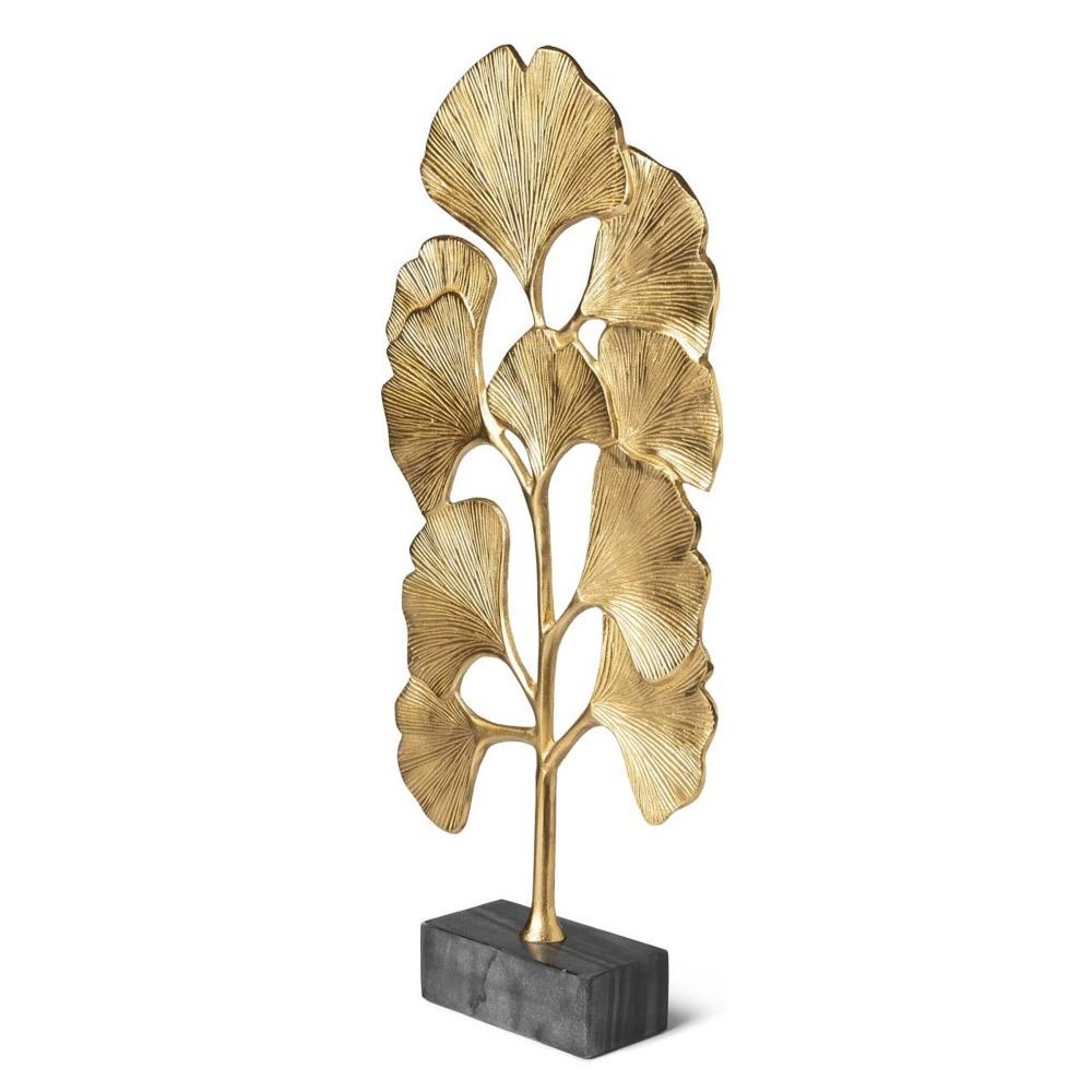 Sculpture Biloba High with metal structure
in gold finish and with grey marble base.