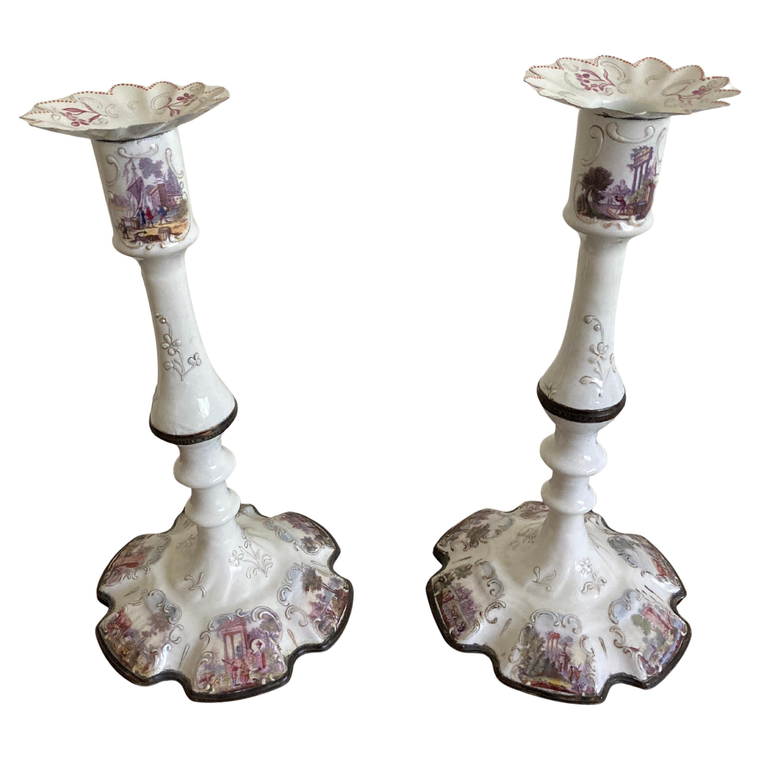Bilston Enamel Candlesticks, Lilac Landscape Reserves & Gilt Details, c1780 For Sale