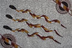 Large Scale Aboriginal Dot Painting -- Three Snakes Traveling on Sand