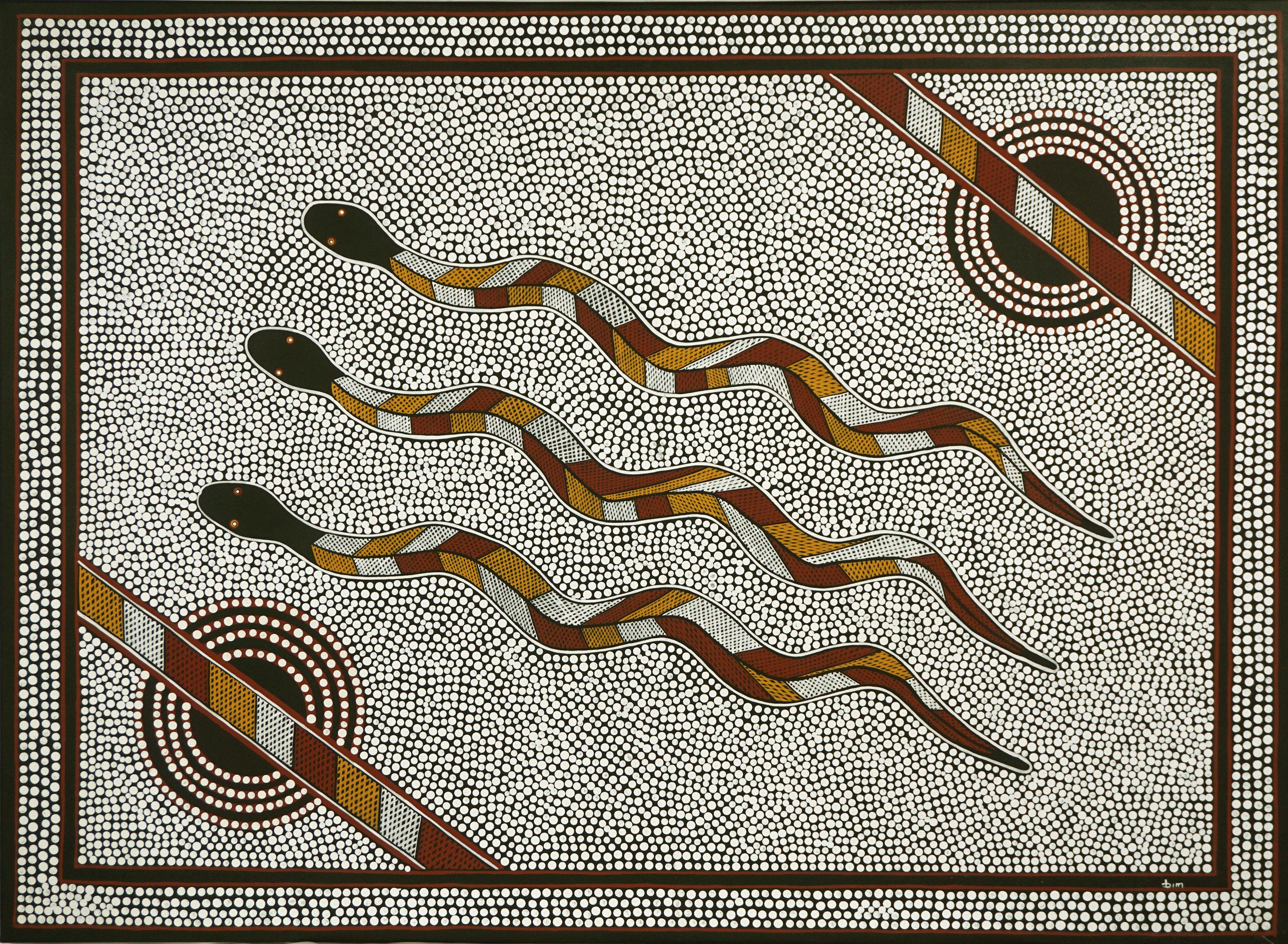 Bim Animal Painting - Large Scale Aboriginal Dot Painting -- Three Snakes Traveling on Sand 