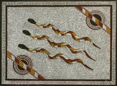 Large Scale Aboriginal Dot Painting -- Three Snakes Traveling on Sand 