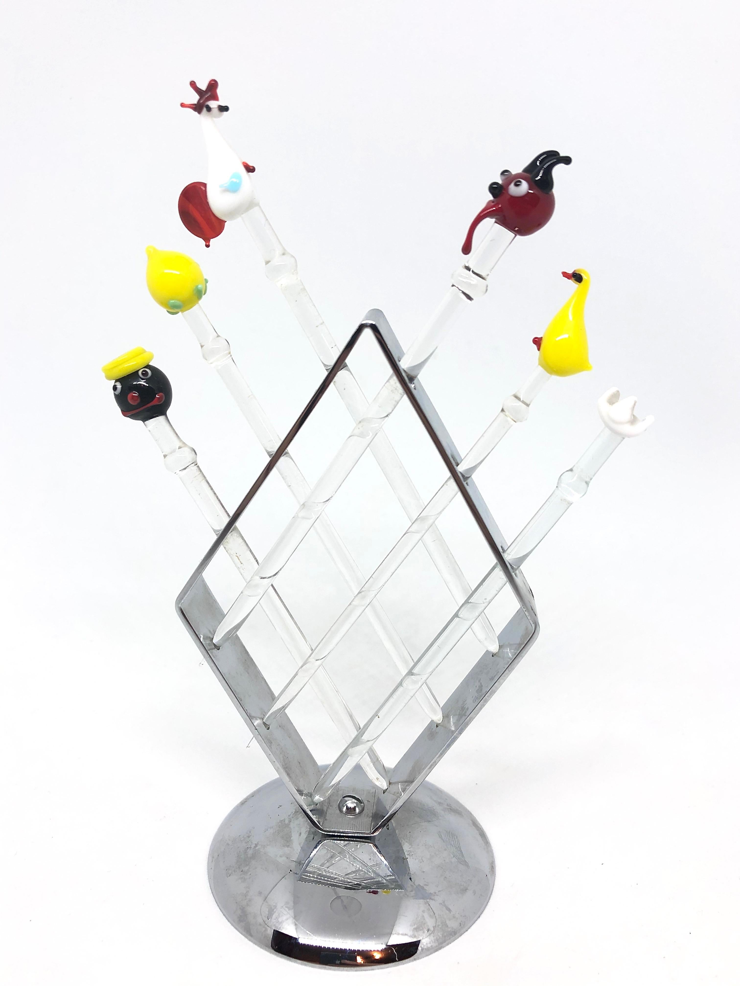 Classic early 1960s Austrian cocktail picks made of glass, showing flowers, fruits and animals, also a rare Devil Head. Nice addition to your room, bar cart or just for your collection of design items. Stand made of chromed metal. Found at an estate