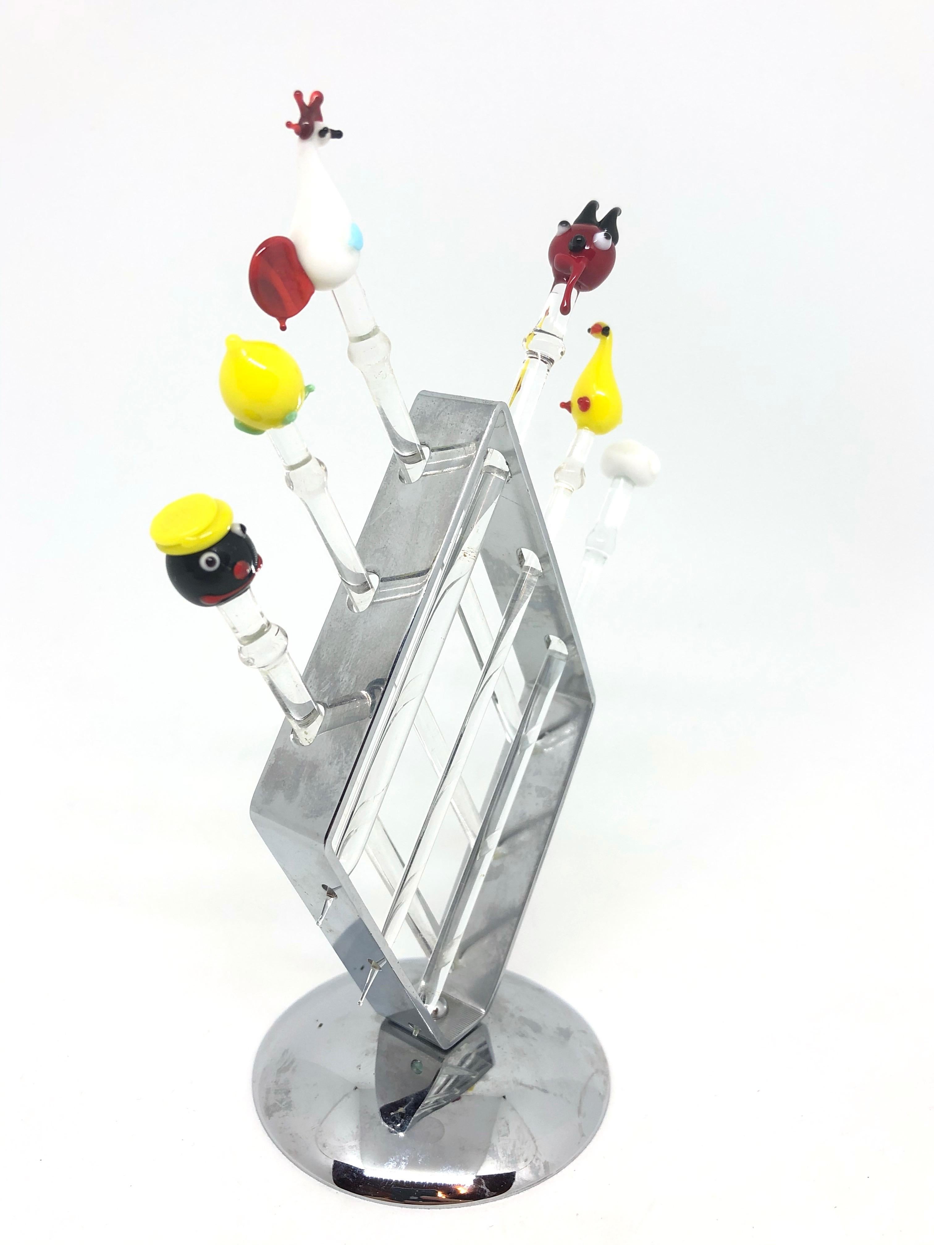 Mid-Century Modern Bimini Glass Cocktail Picks on Chrome Stand, 1960s, Vienna Austria