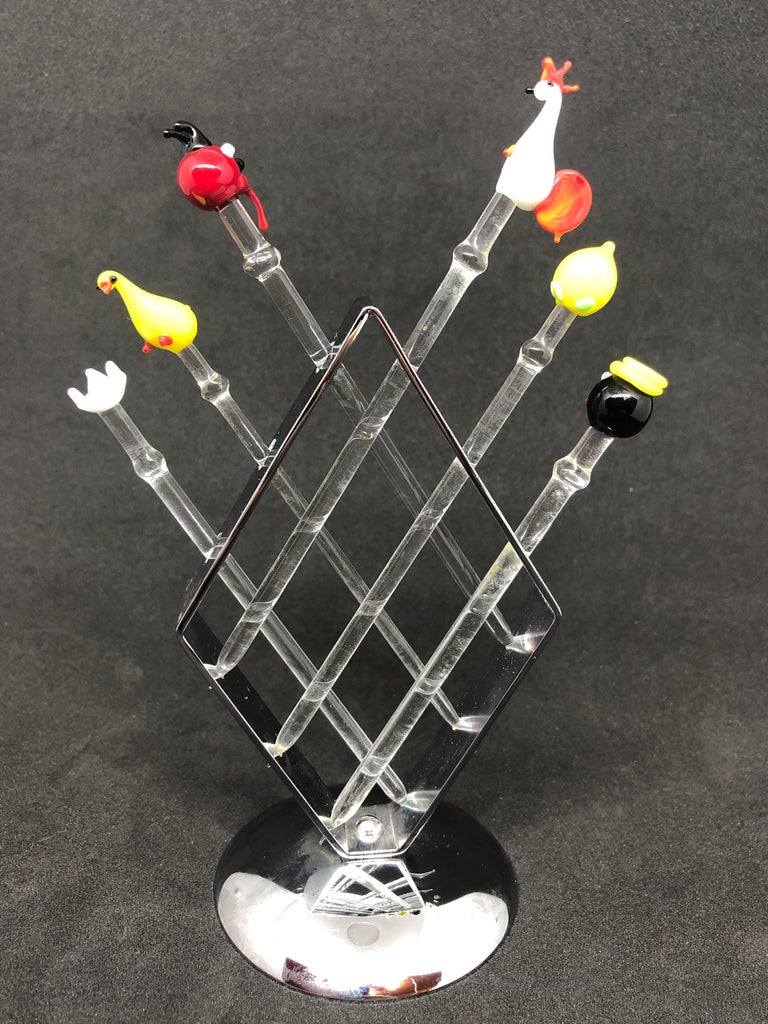 Bimini Glass Cocktail Picks on Chrome Stand, 1960s, Vienna Austria at 1stDibs