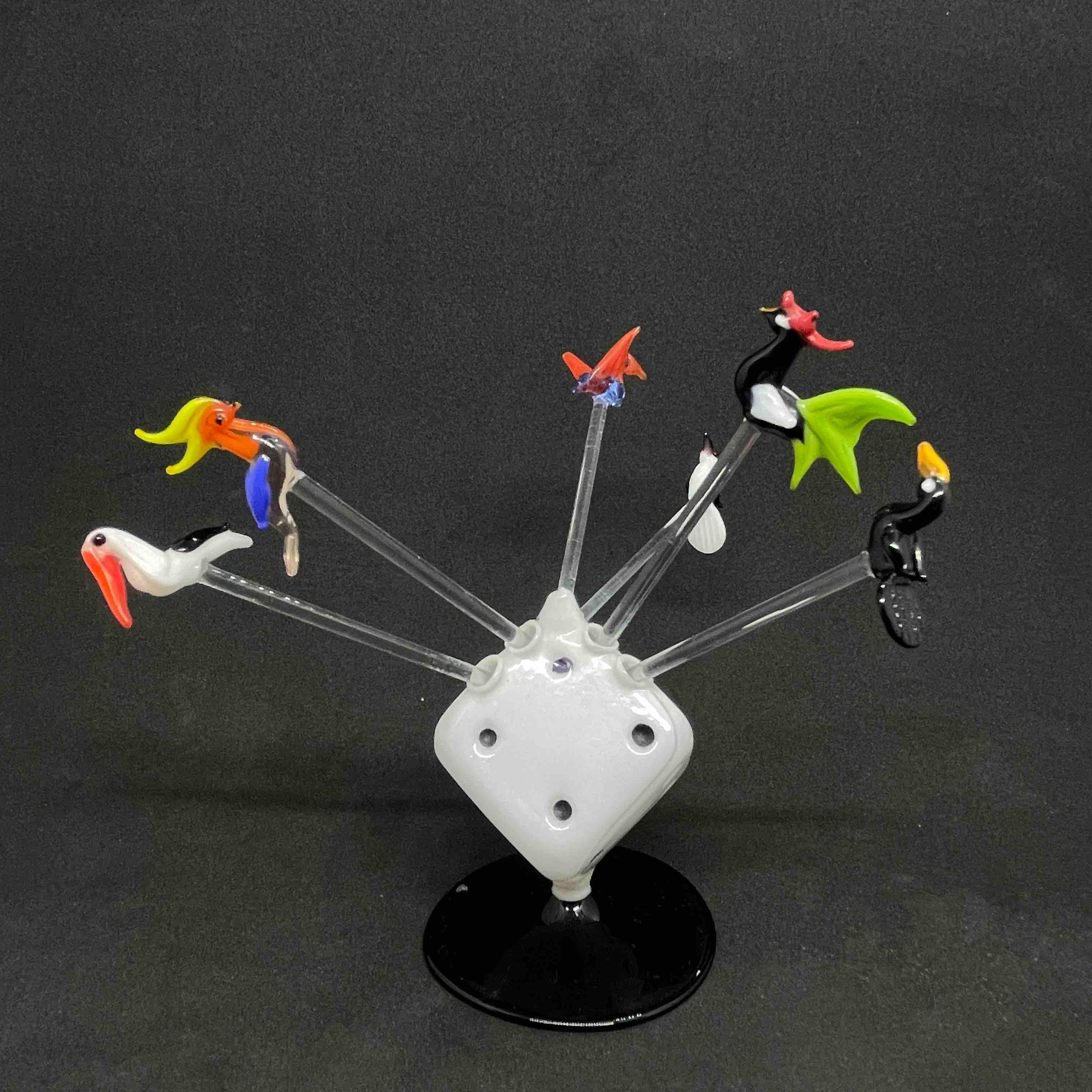 Hand-Crafted Bimini Glass Cocktail Picks with Dice Stand, 1960s, Vienna Austria For Sale