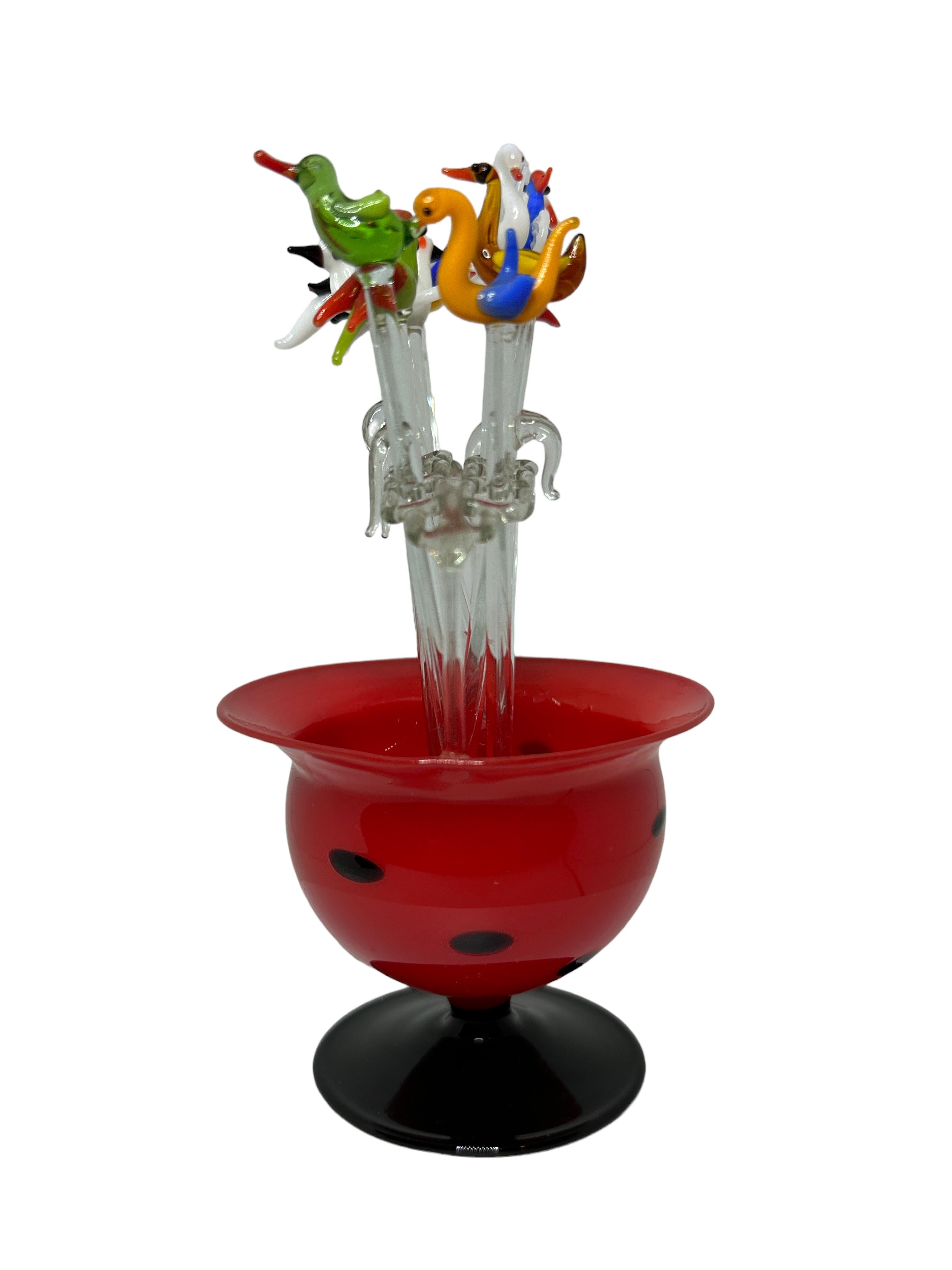 Mid-Century Modern Bimini Glass Cocktail Picks with Red Bowl Stand, 1920s, Vienna Austria For Sale