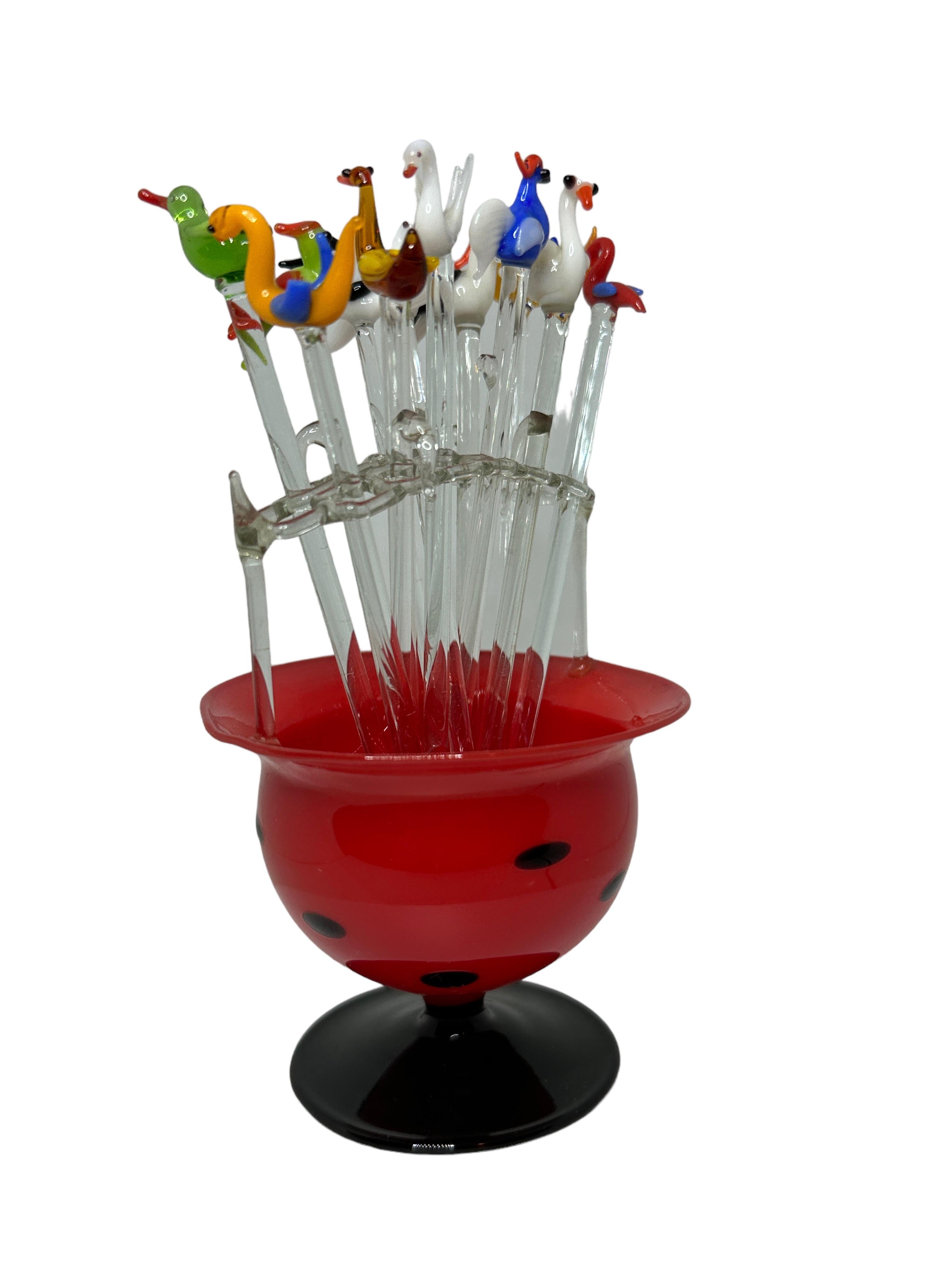 Austrian Bimini Glass Cocktail Picks with Red Bowl Stand, 1920s, Vienna Austria For Sale