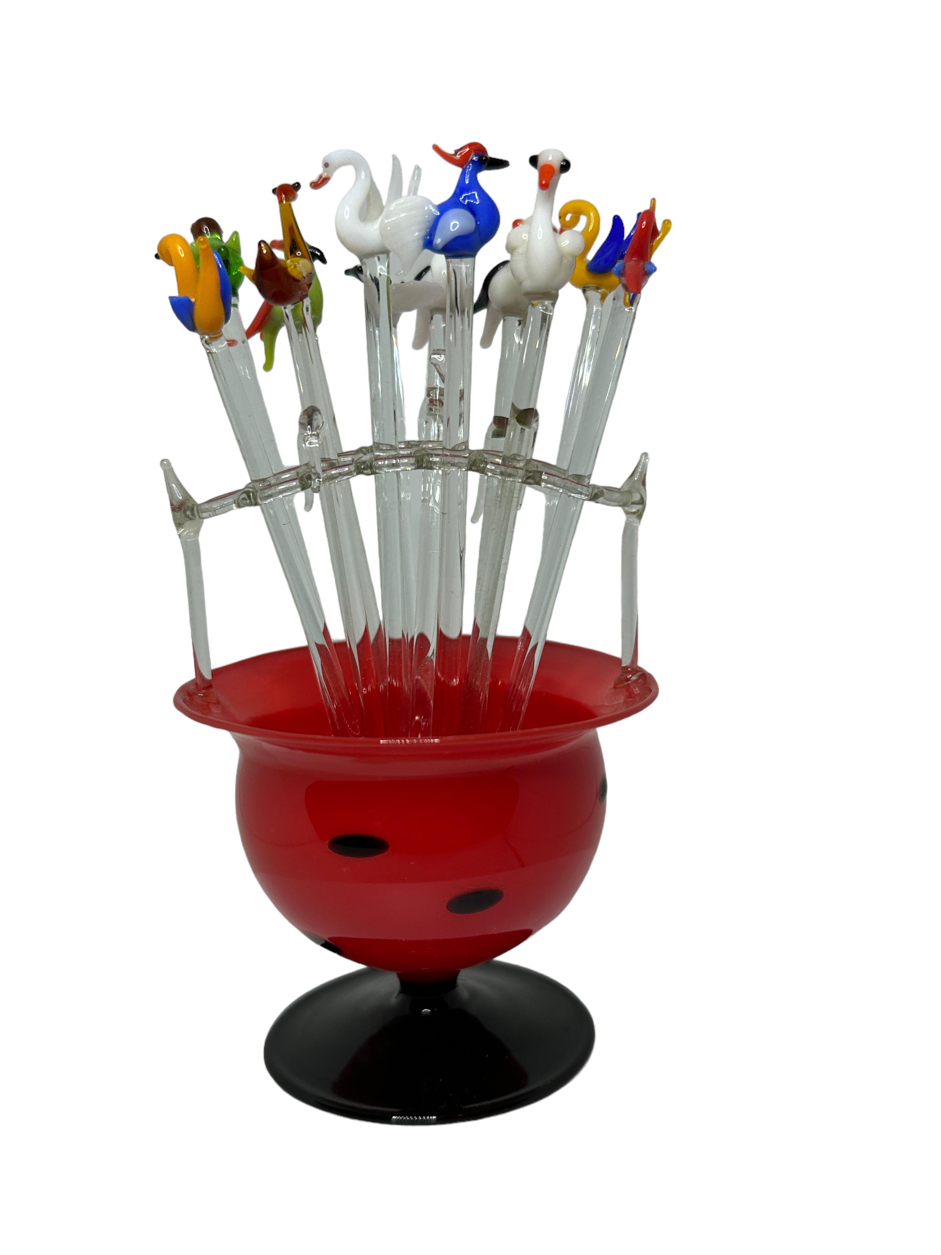 Hand-Crafted Bimini Glass Cocktail Picks with Red Bowl Stand, 1920s, Vienna Austria For Sale