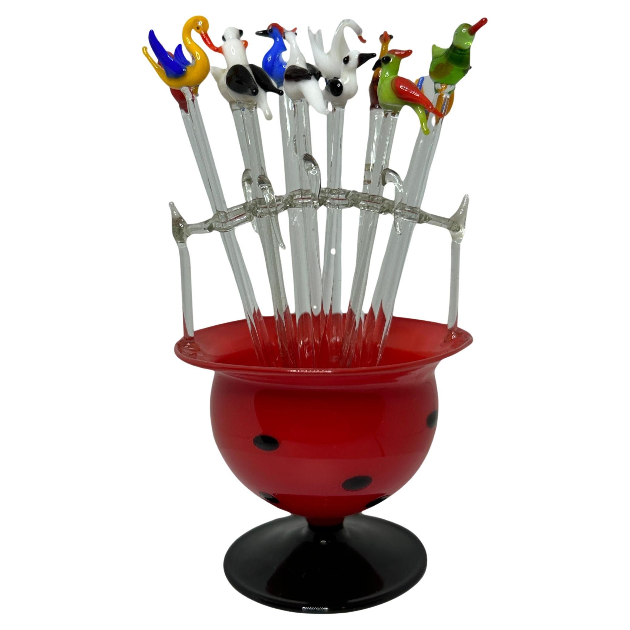 Bimini Glass Cocktail Picks with Red Bowl Stand, 1920s, Vienna Austria For Sale